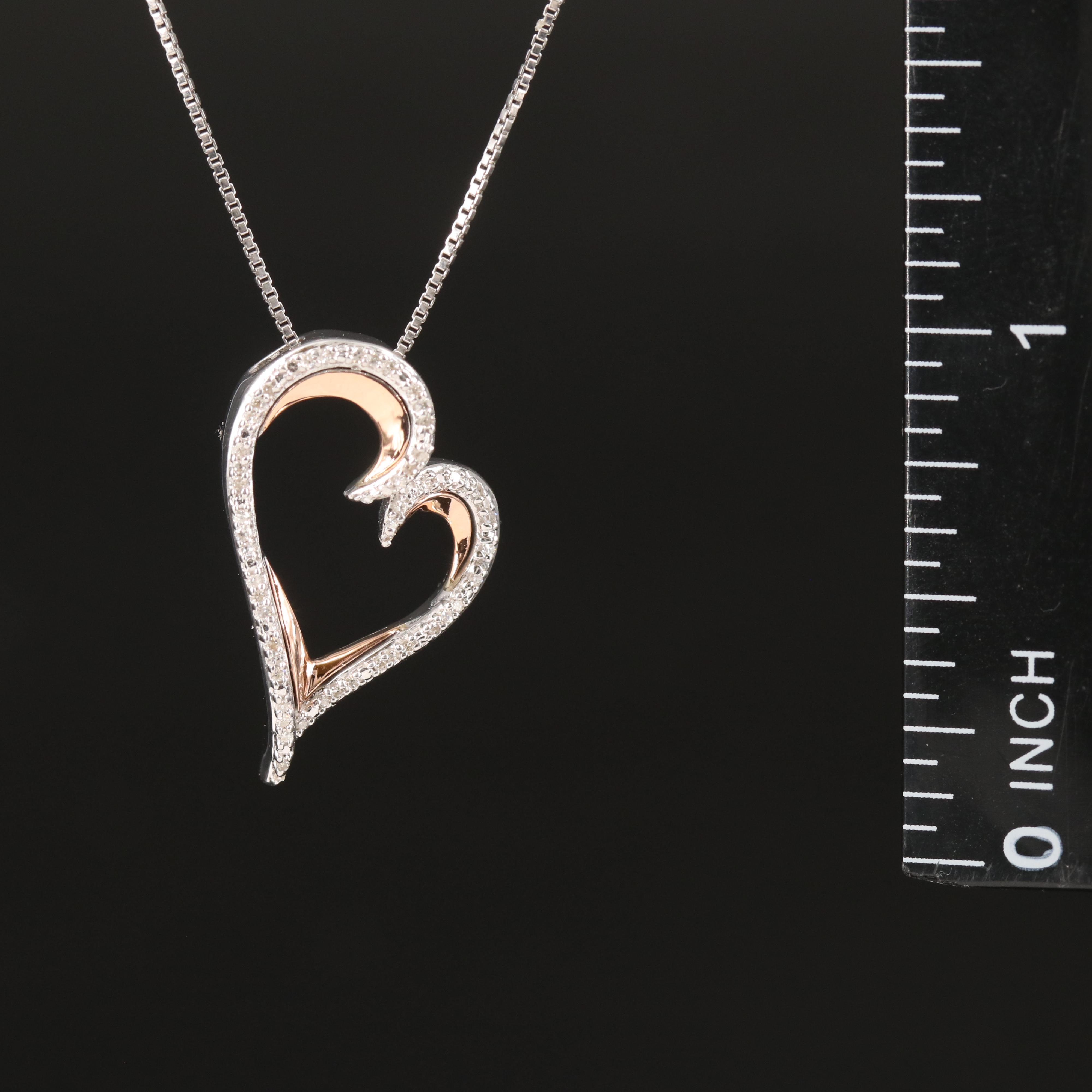 Sterling Diamond Heart Necklace with 10K Rose Gold Accents