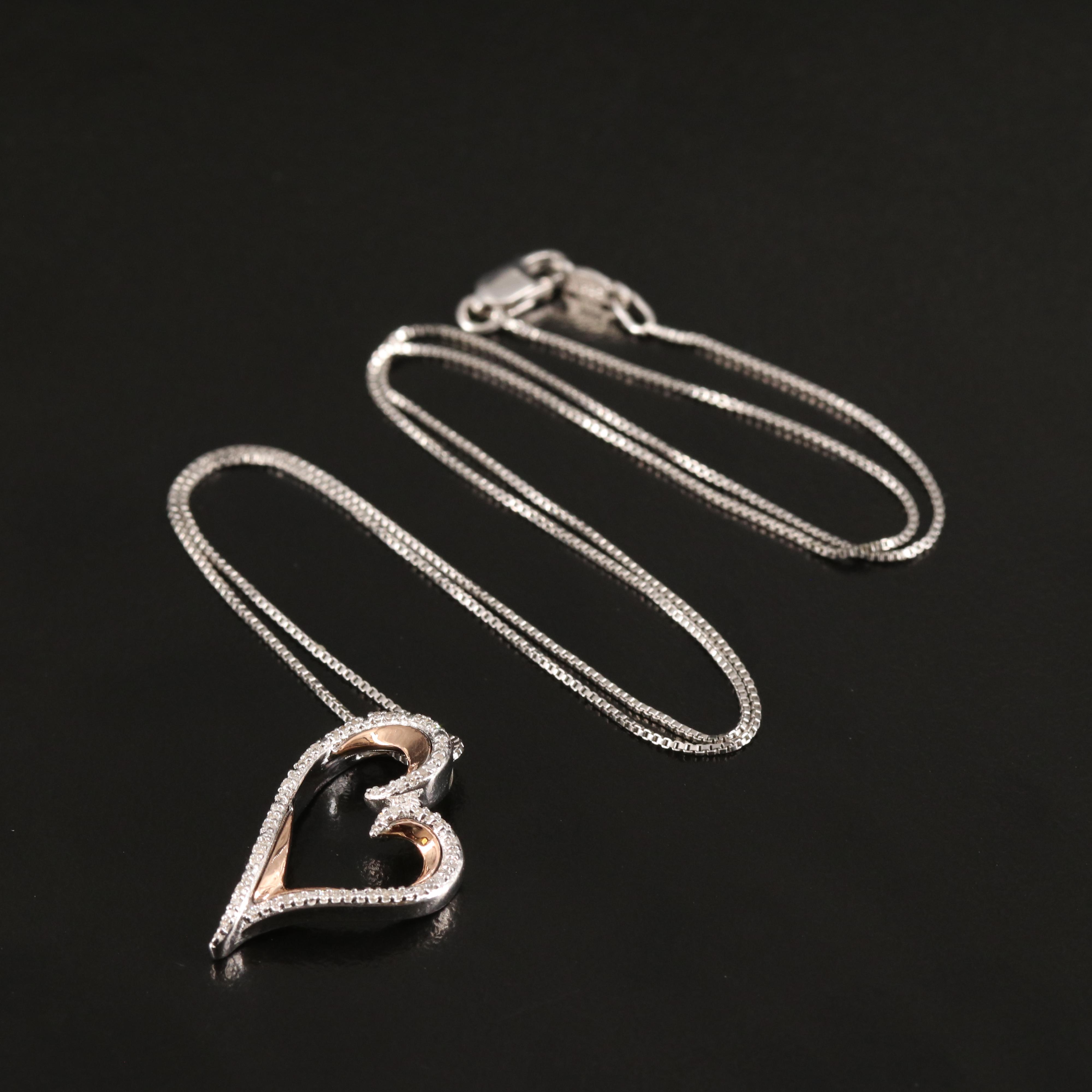 Sterling Diamond Heart Necklace with 10K Rose Gold Accents