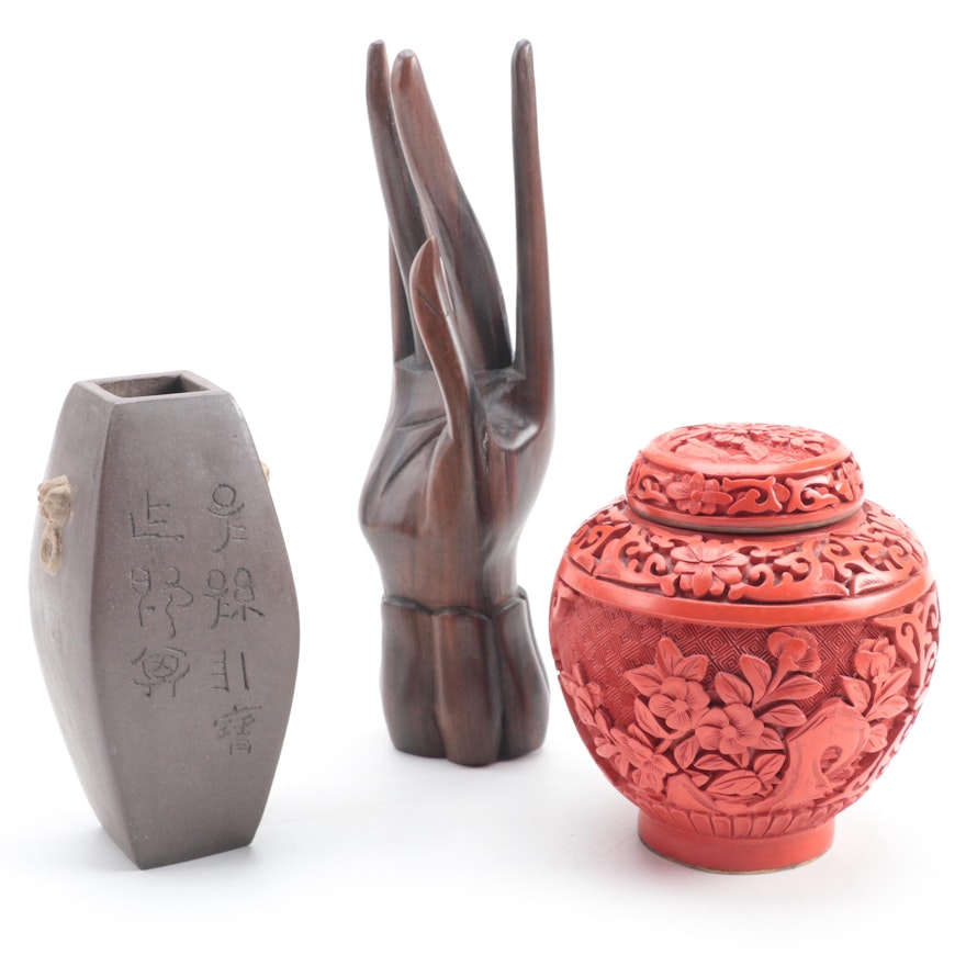 Chinese Faux Cinnabar Ginger Jar with Yixing Vase and Mudra Hand Sculpture