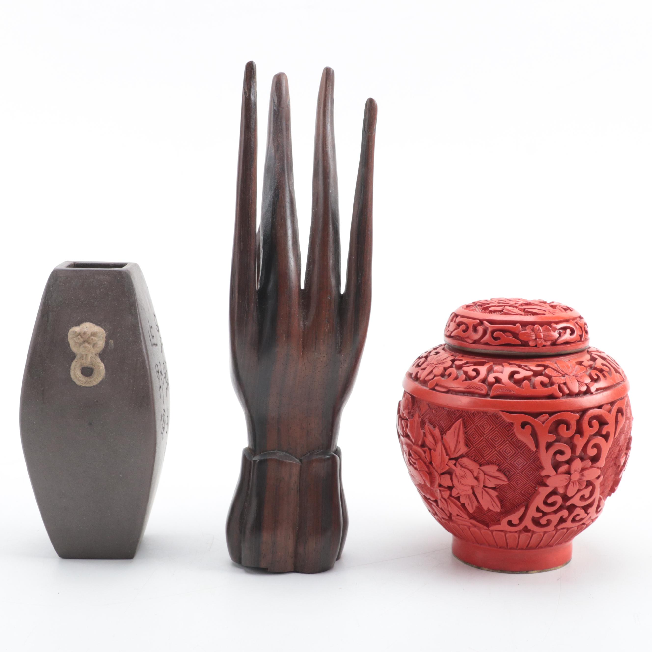 Chinese Faux Cinnabar Ginger Jar with Yixing Vase and Mudra Hand Sculpture