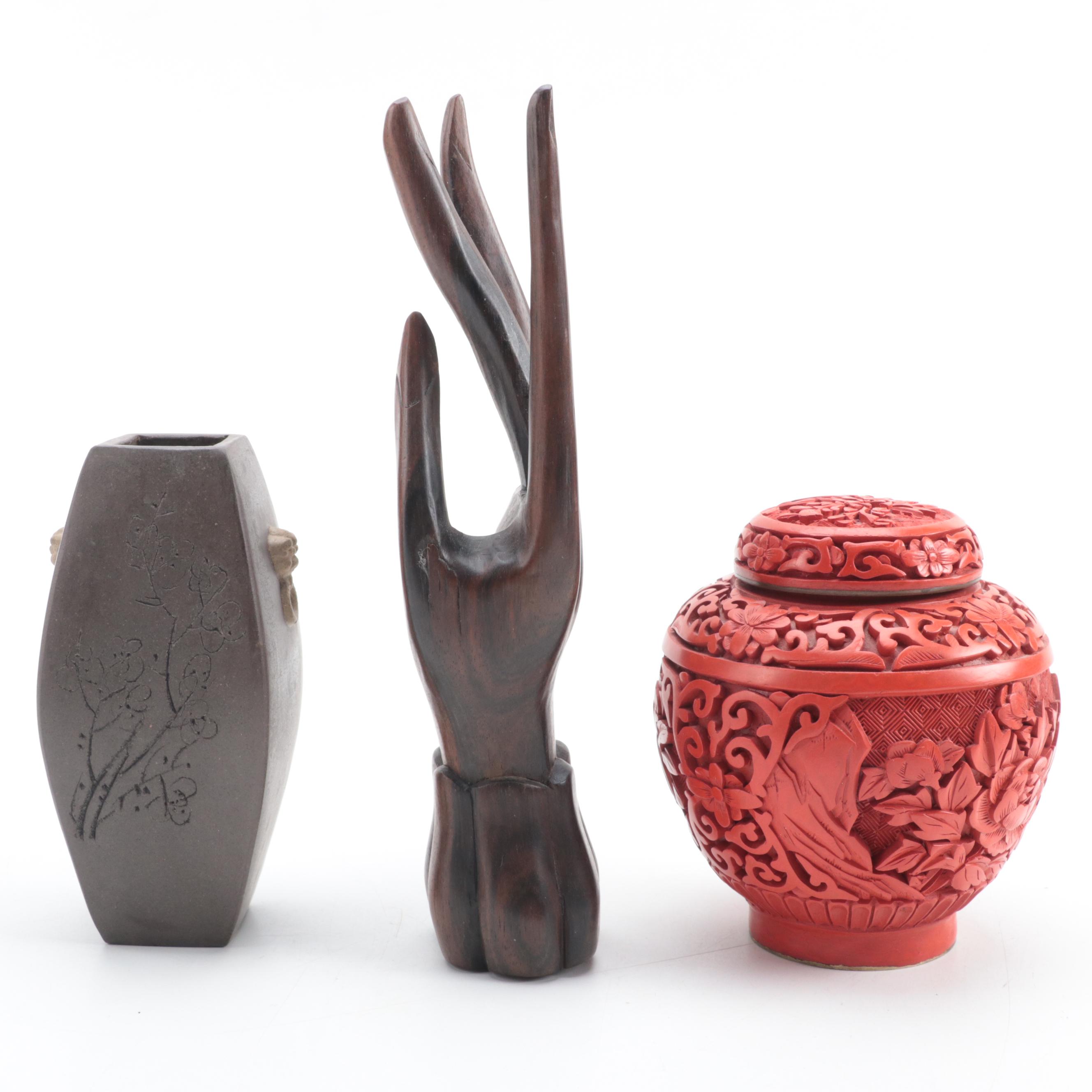 Chinese Faux Cinnabar Ginger Jar with Yixing Vase and Mudra Hand Sculpture