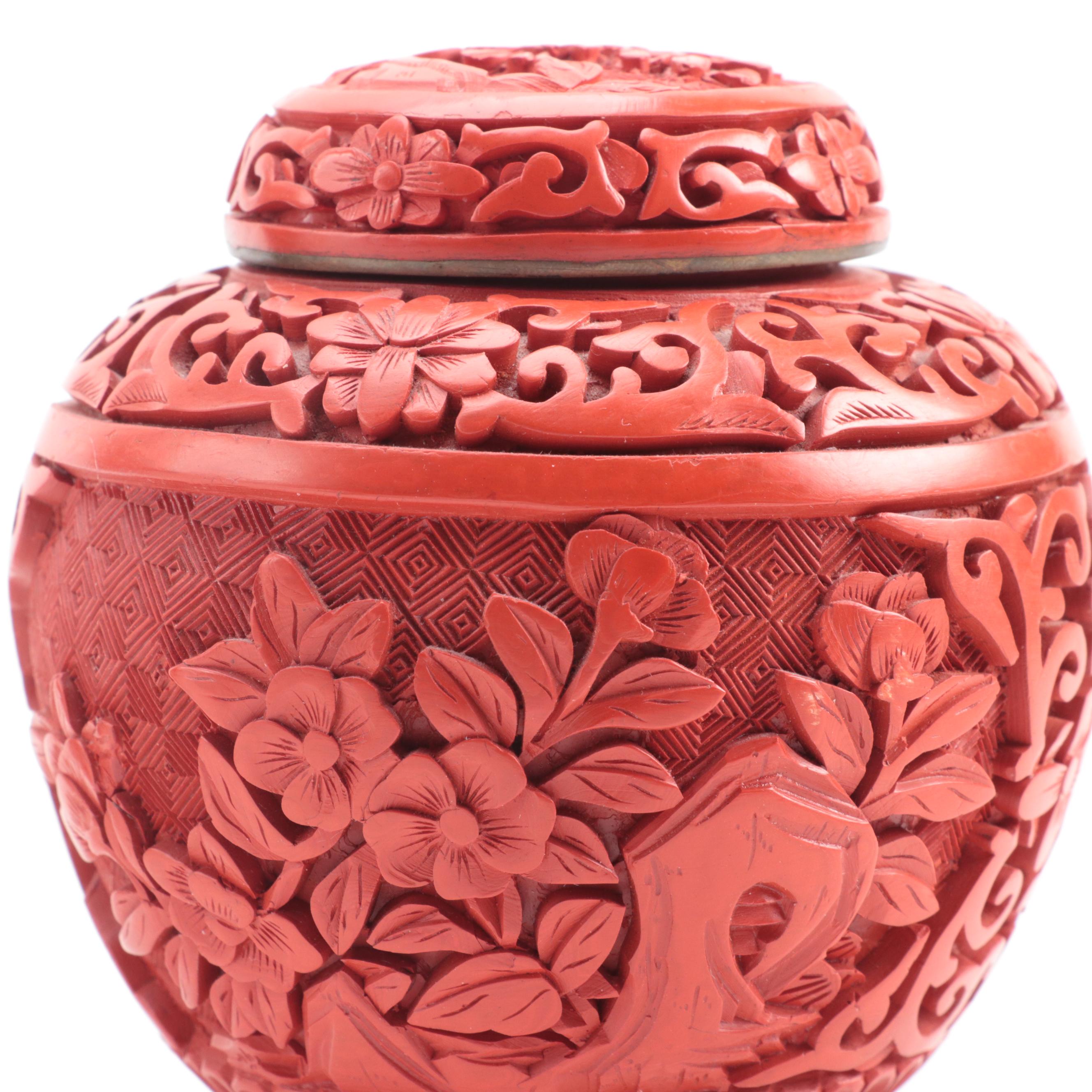 Chinese Faux Cinnabar Ginger Jar with Yixing Vase and Mudra Hand Sculpture