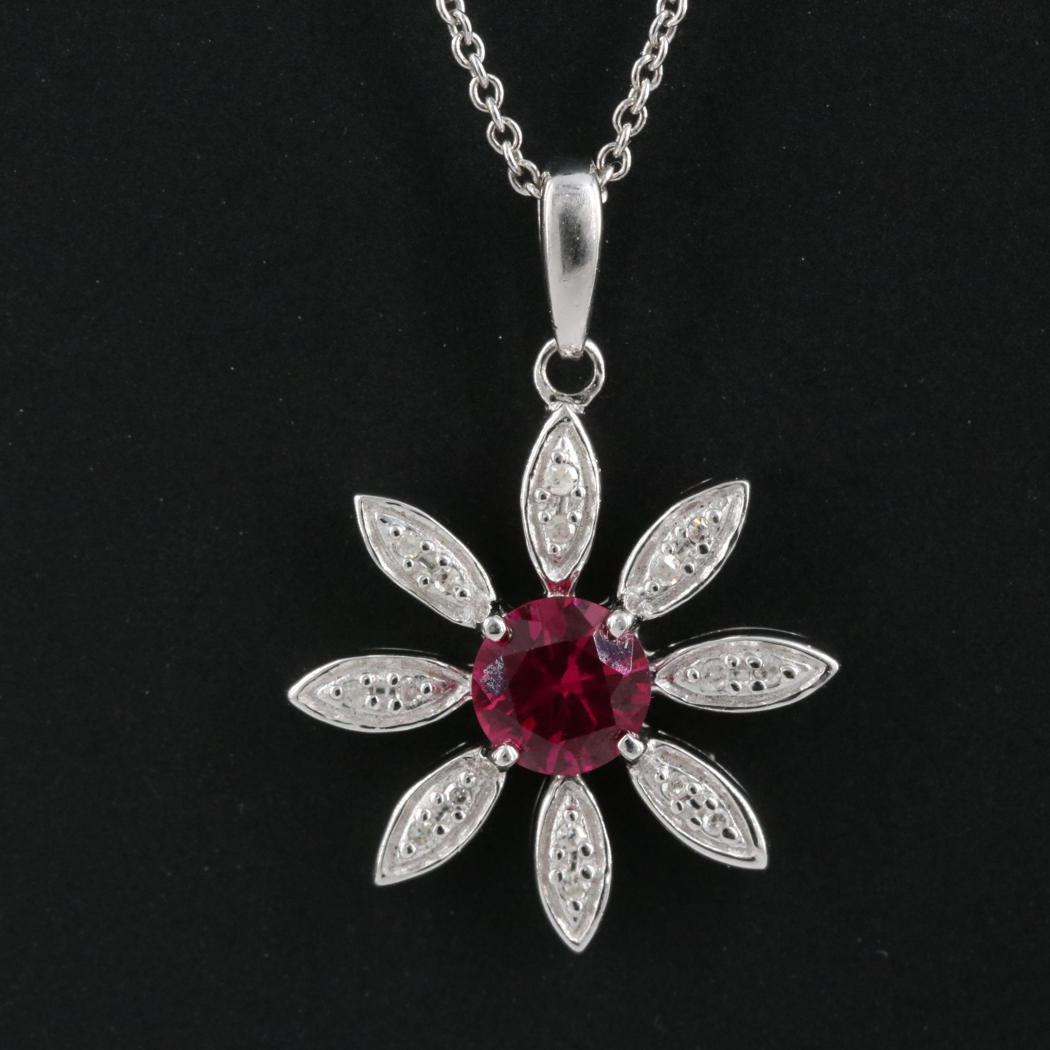 Italy Sterling Ruby and Diamond Pendant Necklace