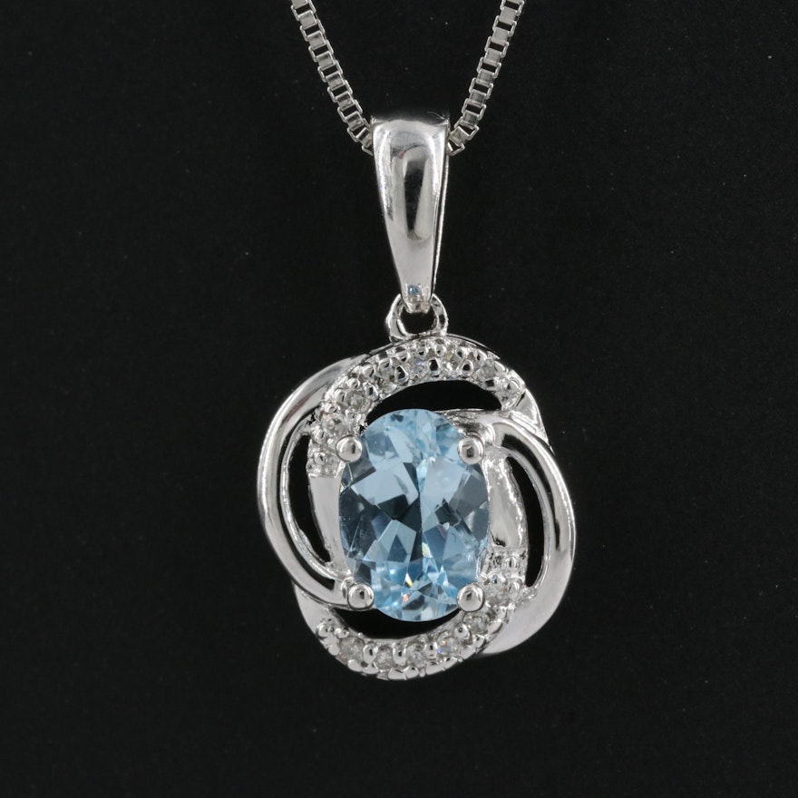 Sterling Aquamarine and Diamond Pendant Necklace