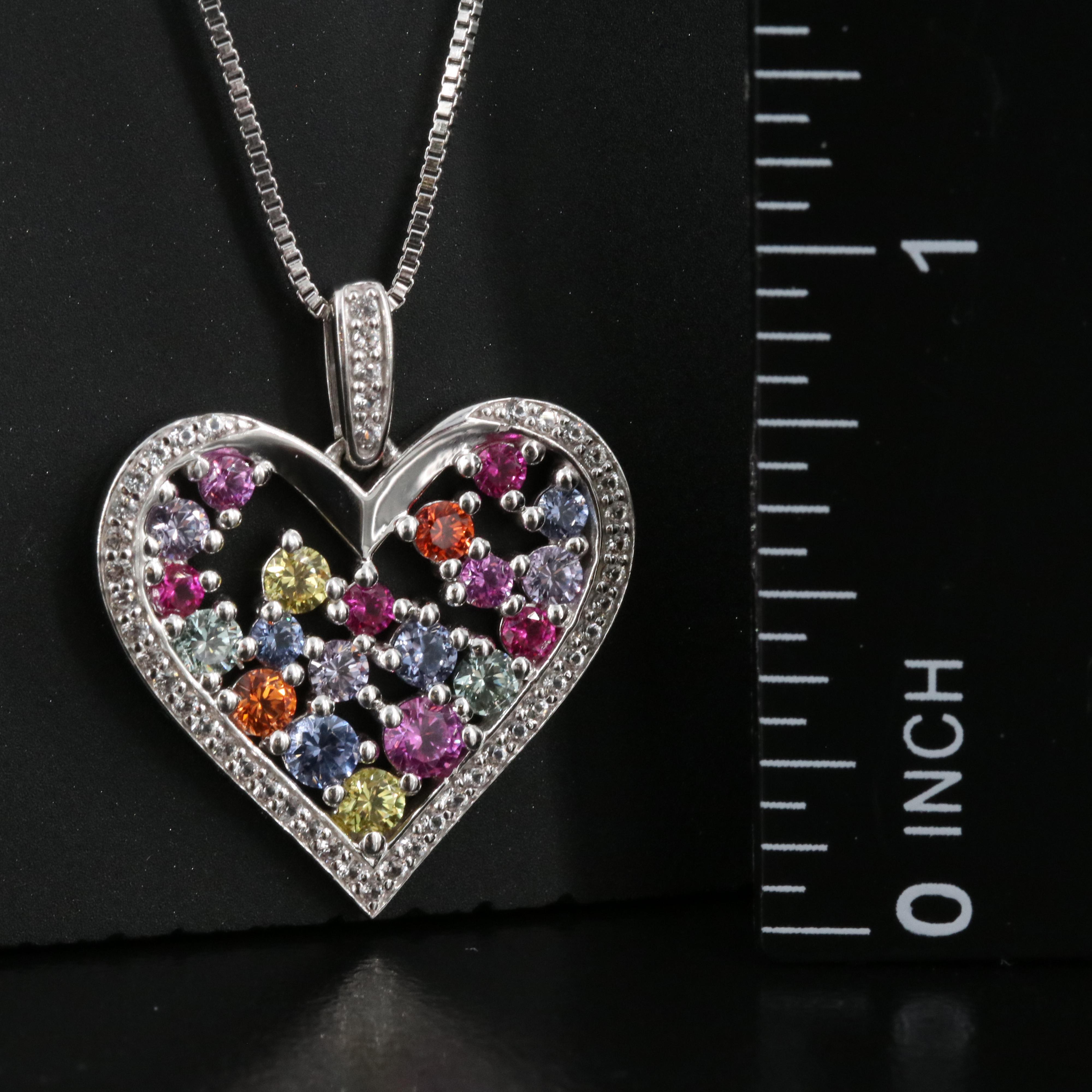 Sterling Sapphire, Ruby and Sapphire Heart Pendant Necklace