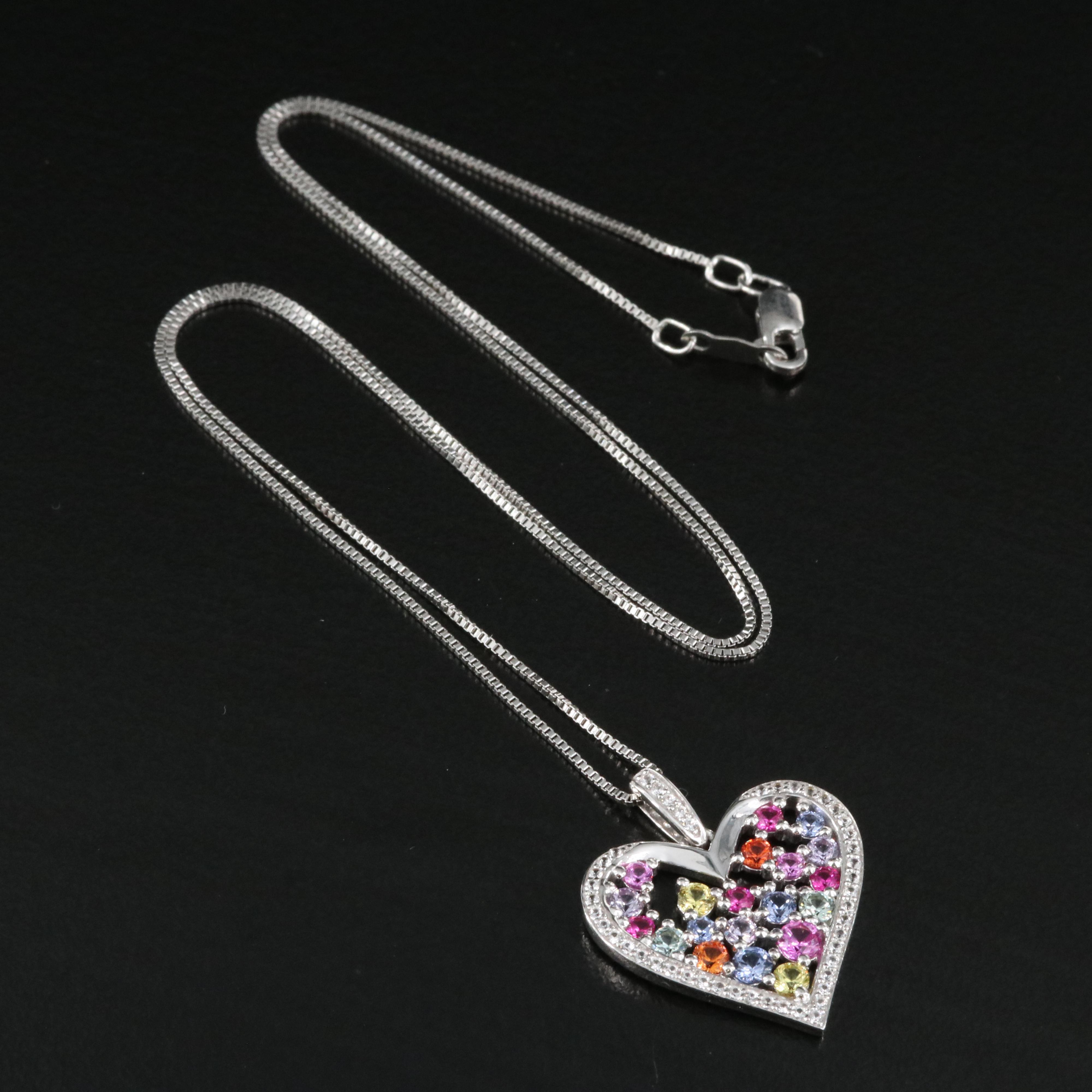 Sterling Sapphire, Ruby and Sapphire Heart Pendant Necklace