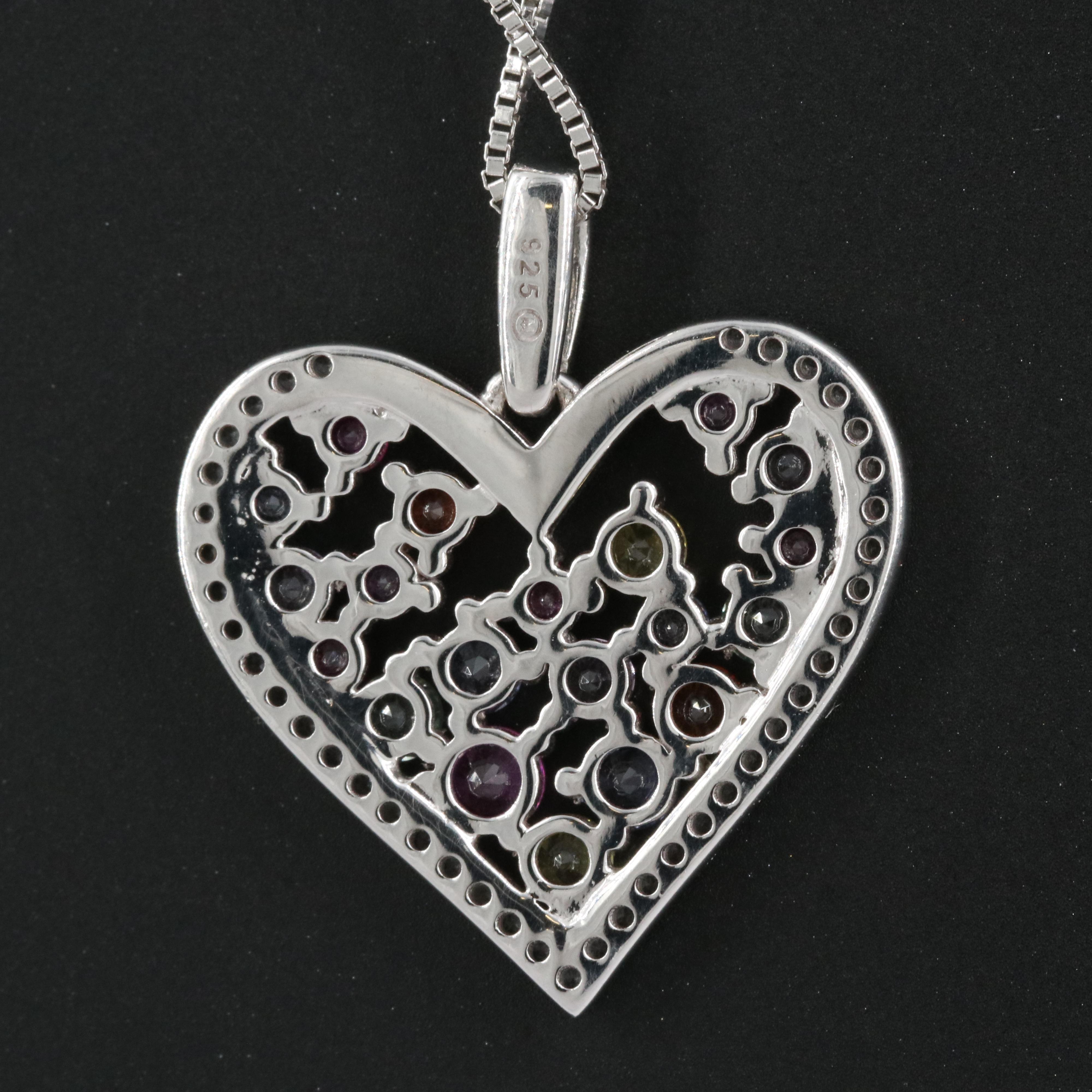 Sterling Sapphire, Ruby and Sapphire Heart Pendant Necklace