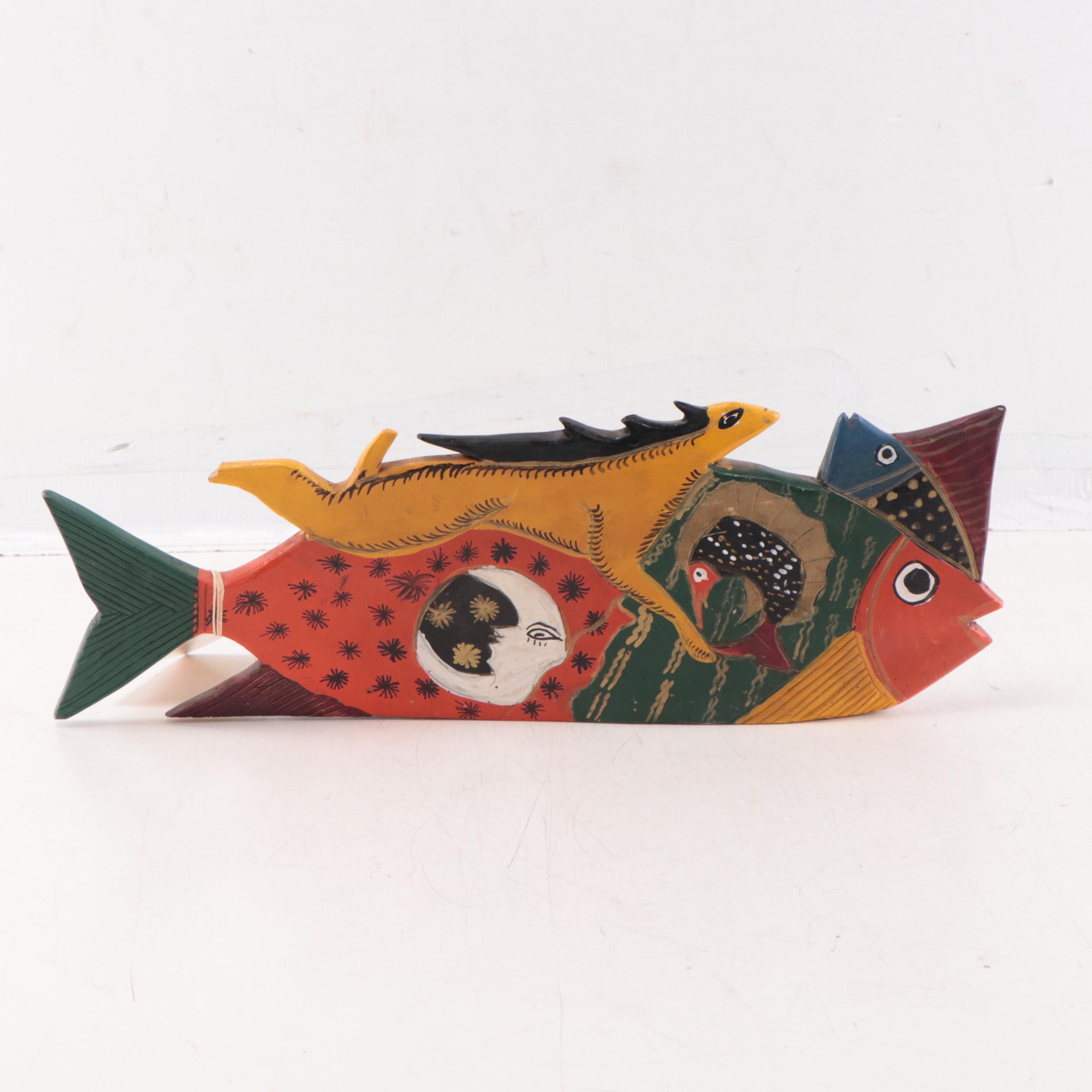 Mexican Hand-Painted Carved Wood Fish Figure