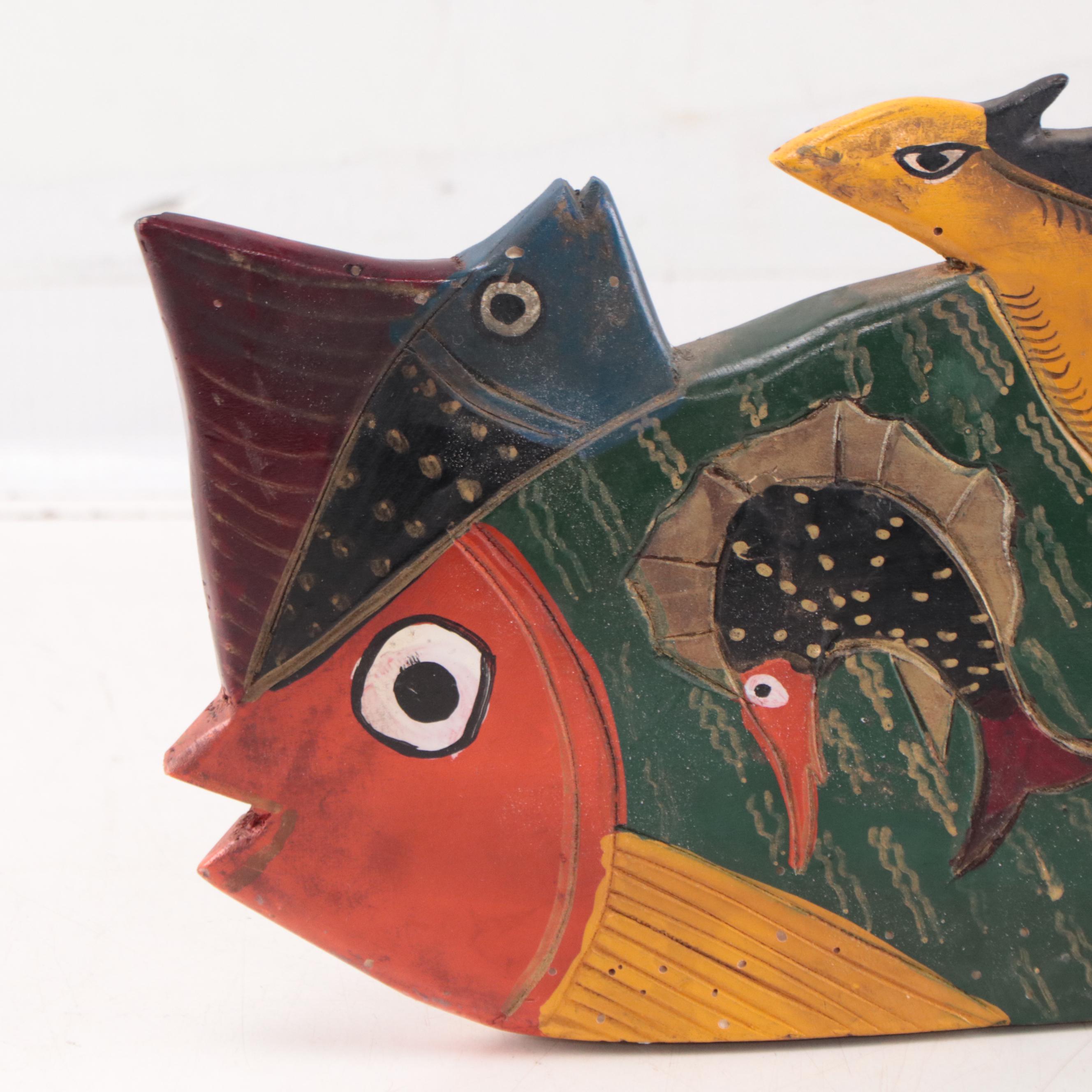 Mexican Hand-Painted Carved Wood Fish Figure