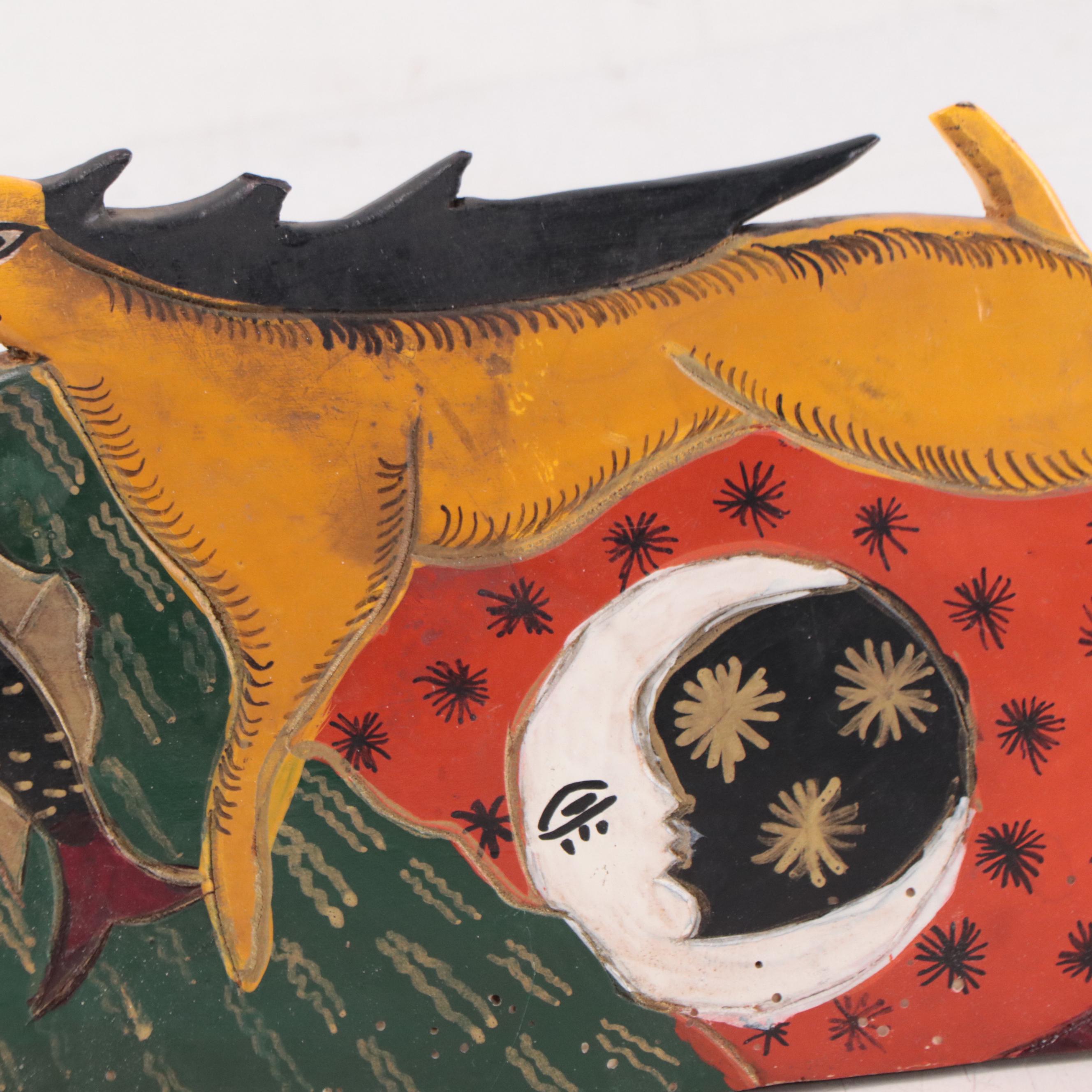 Mexican Hand-Painted Carved Wood Fish Figure