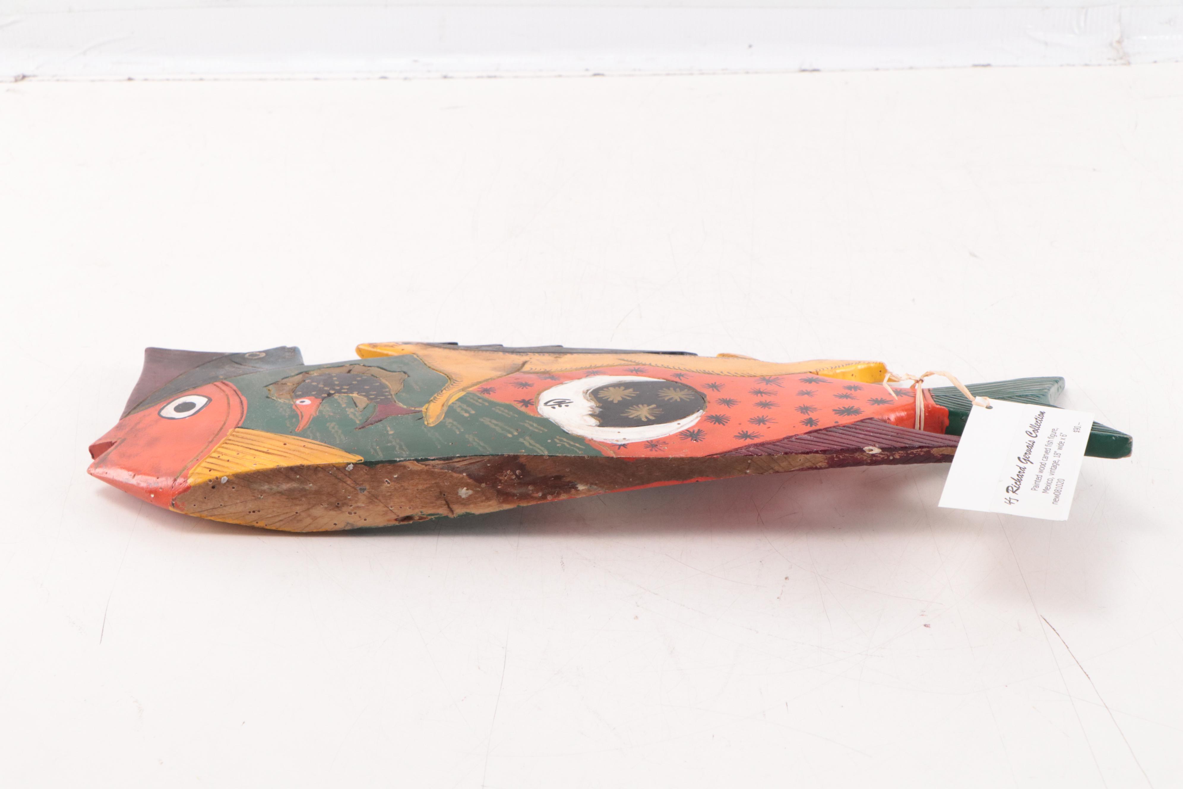 Mexican Hand-Painted Carved Wood Fish Figure