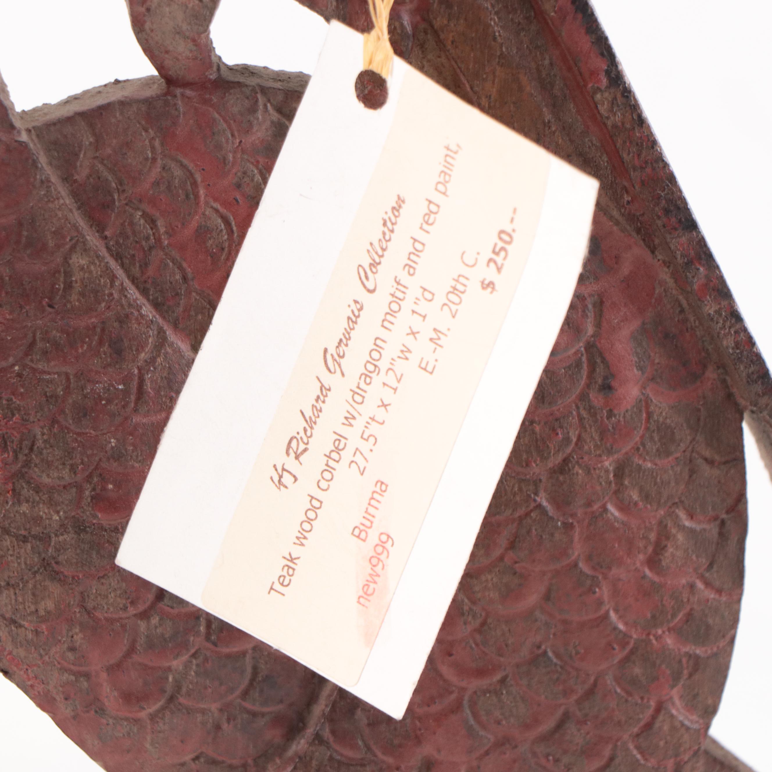 Burmese Teak Dragon Motif Corbel, Early to Mid-20th Century