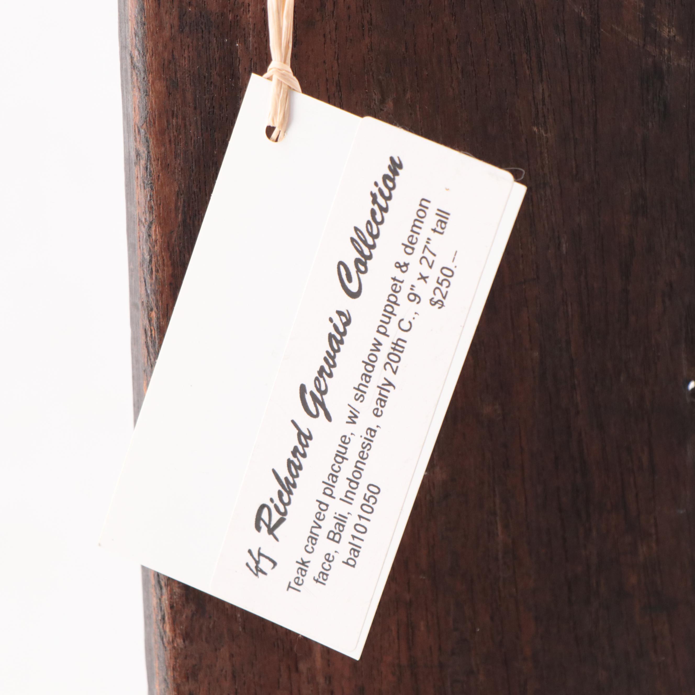 Indonesian Carved Teak Plaque of a Shadow Puppet, Early 20th Century