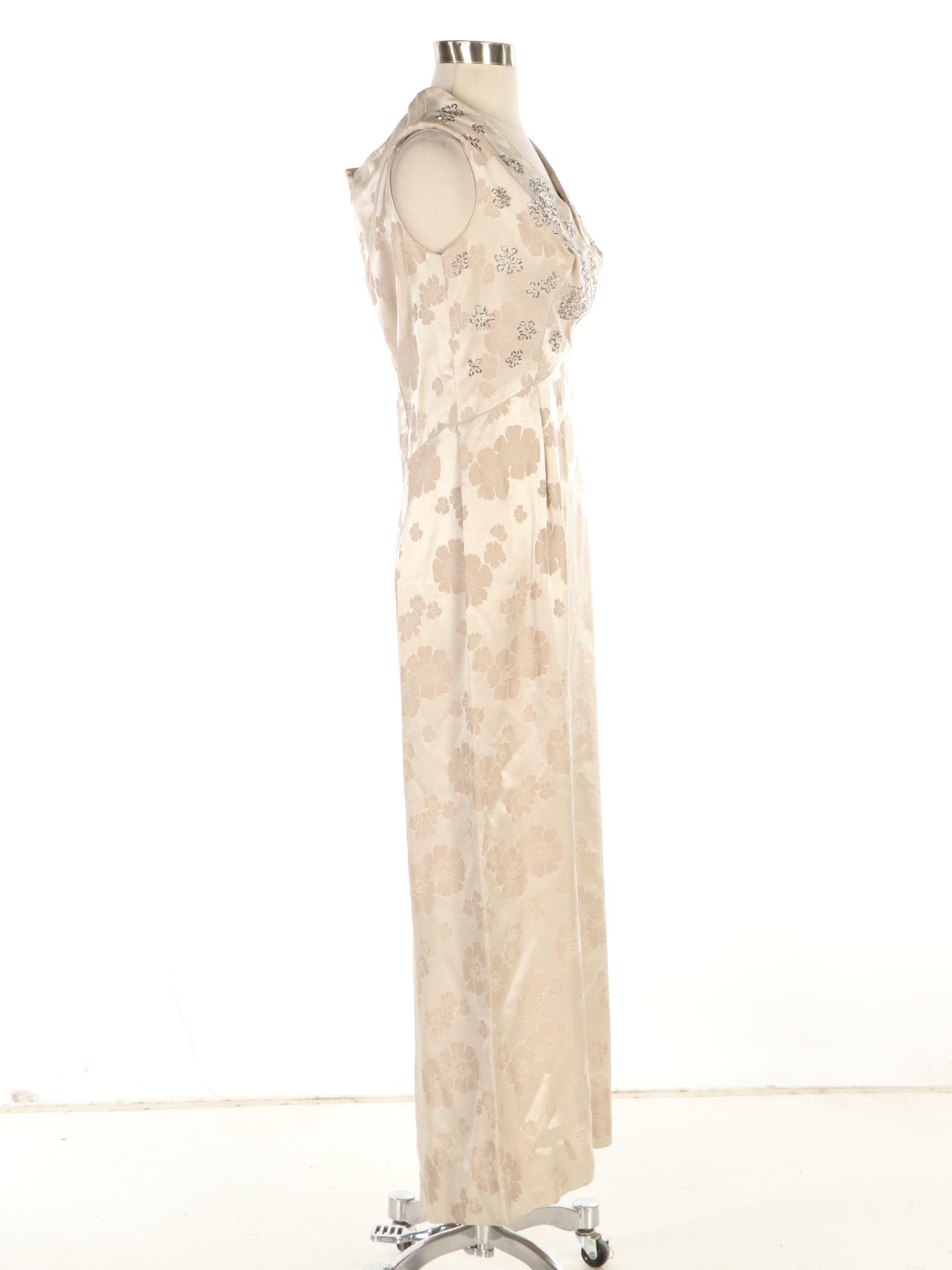 Floral Beaded Brocade Sleeveless Maxi Dress