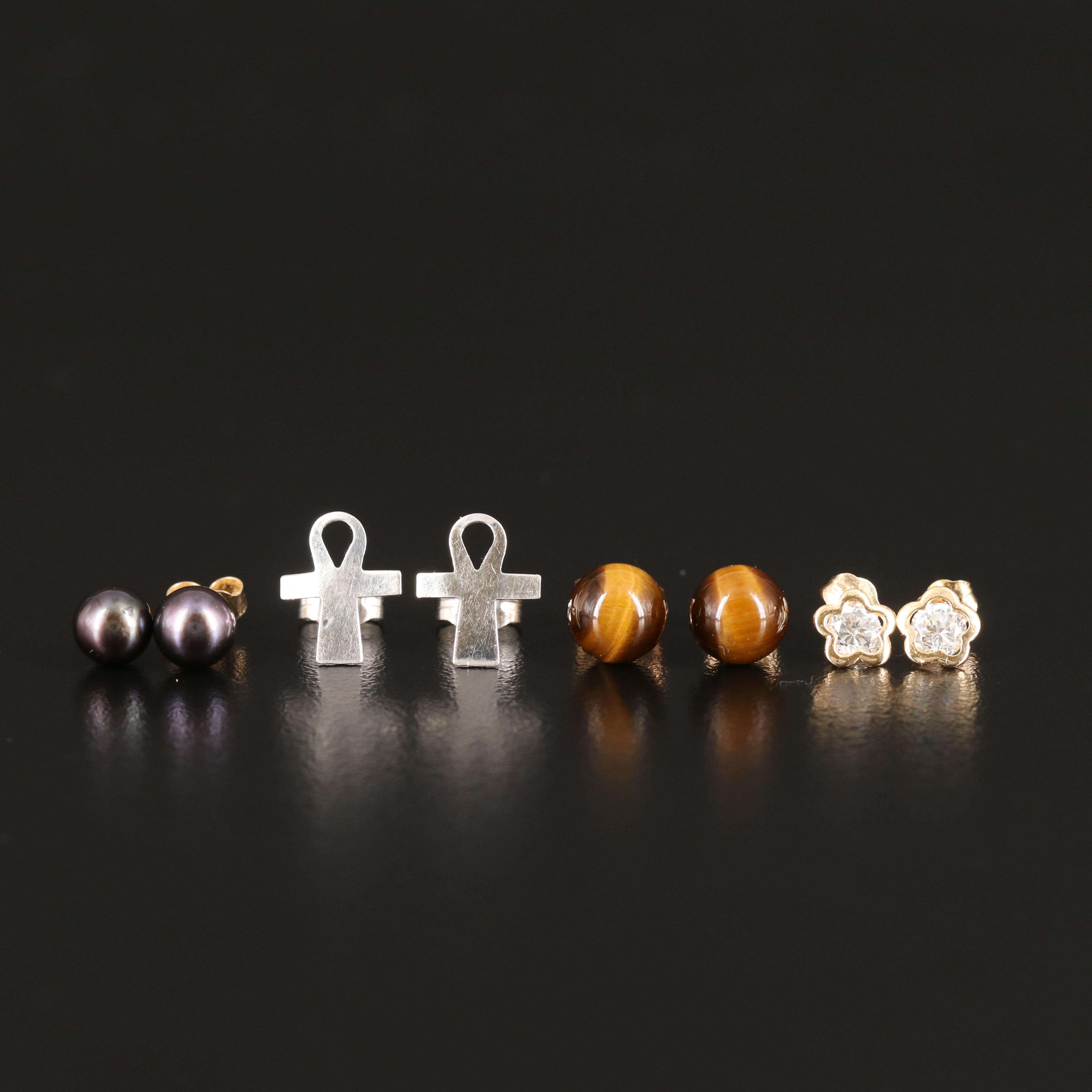 14K Tiger's Eye, Pearl and Cubic Zirconia Stud Earrings