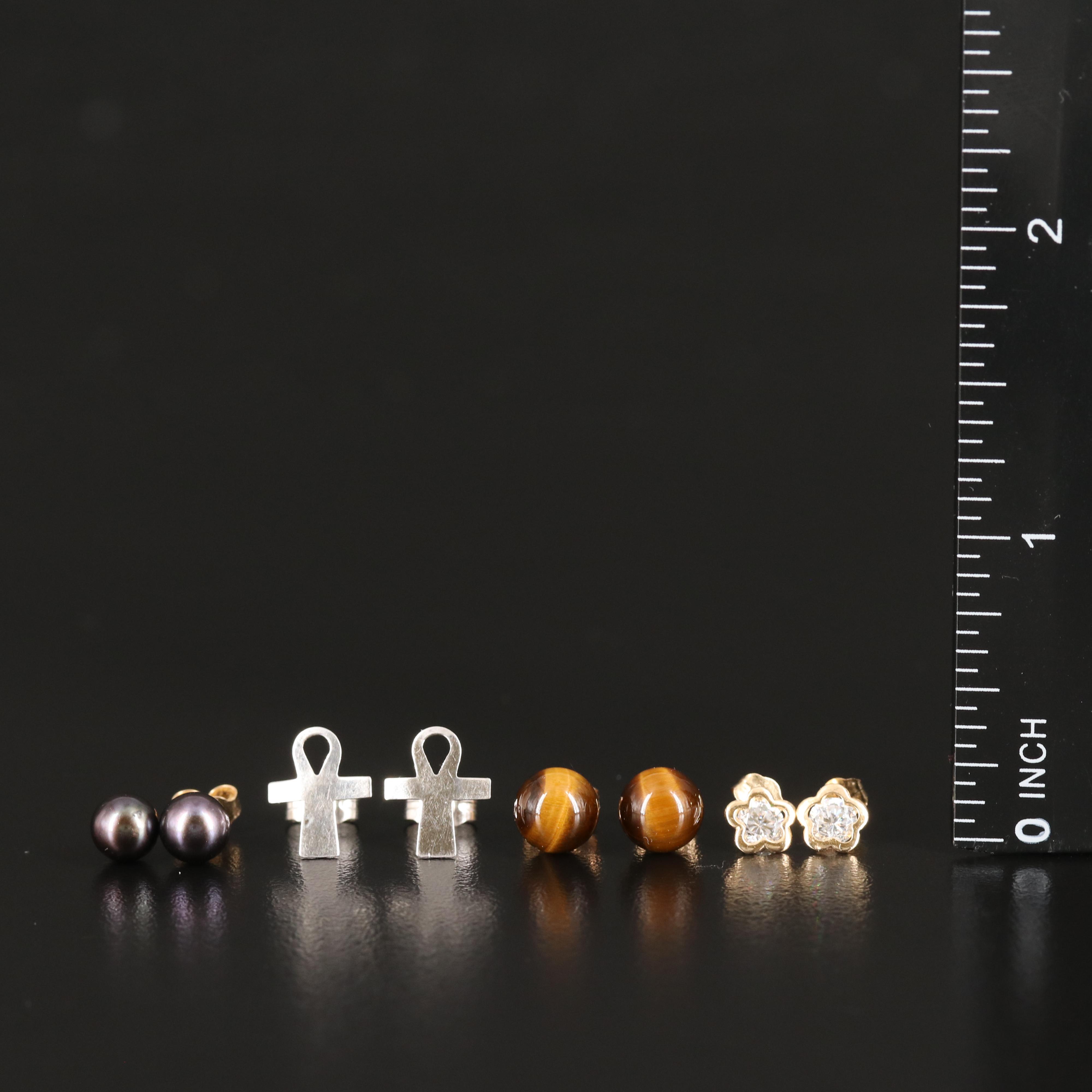 14K Tiger's Eye, Pearl and Cubic Zirconia Stud Earrings