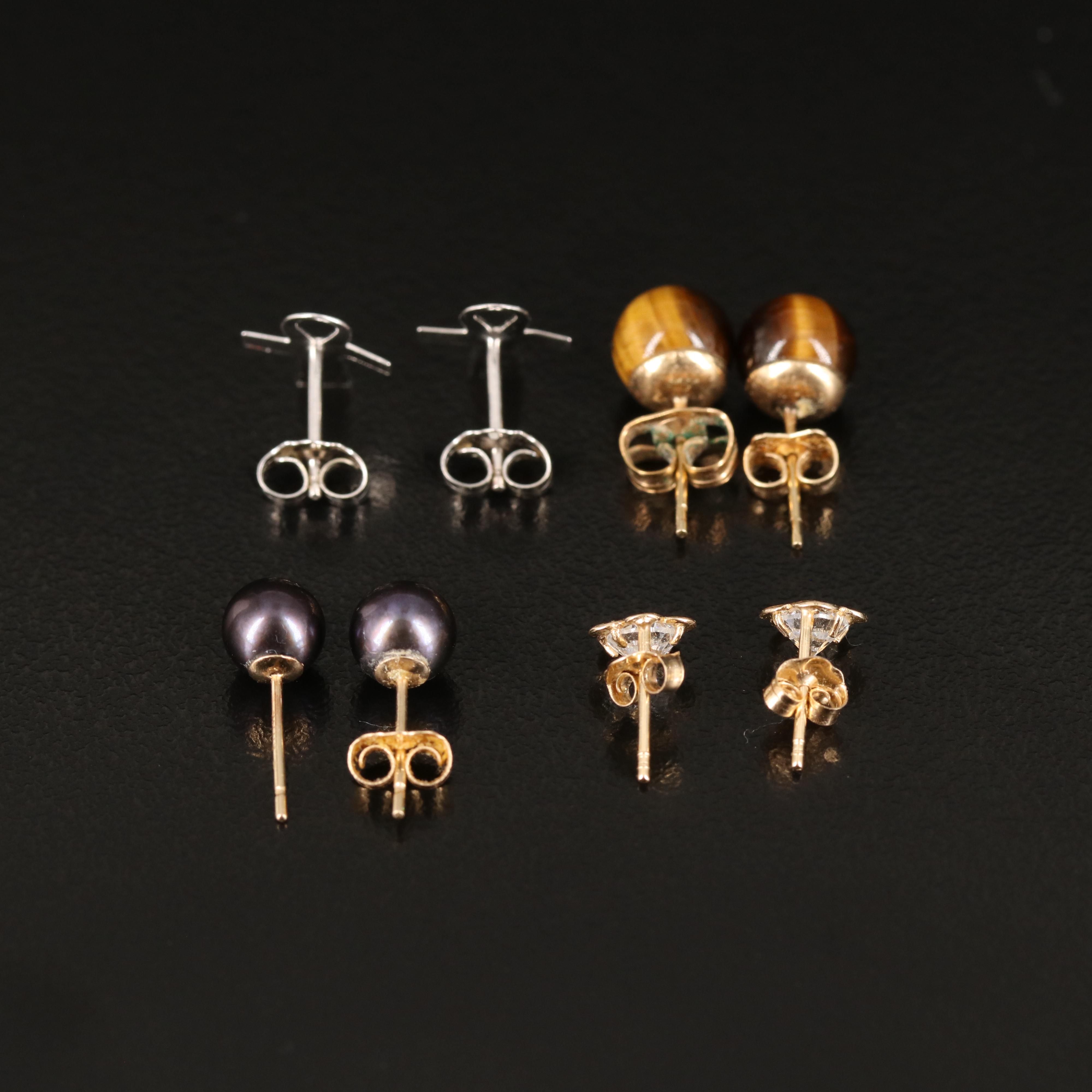 14K Tiger's Eye, Pearl and Cubic Zirconia Stud Earrings