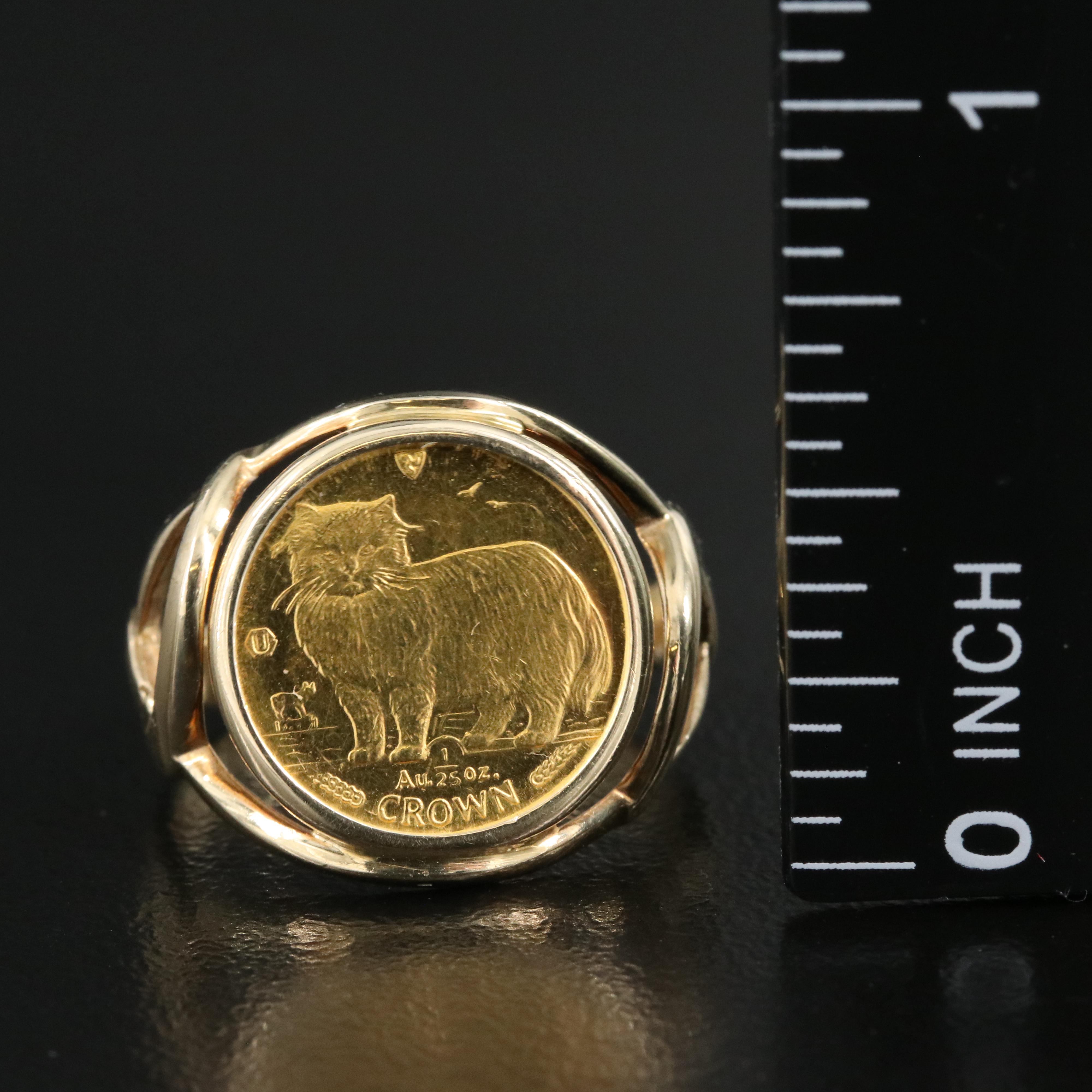 14K Ring with 1989 Isle of Man 1/25th Crown Persian Cat Coin