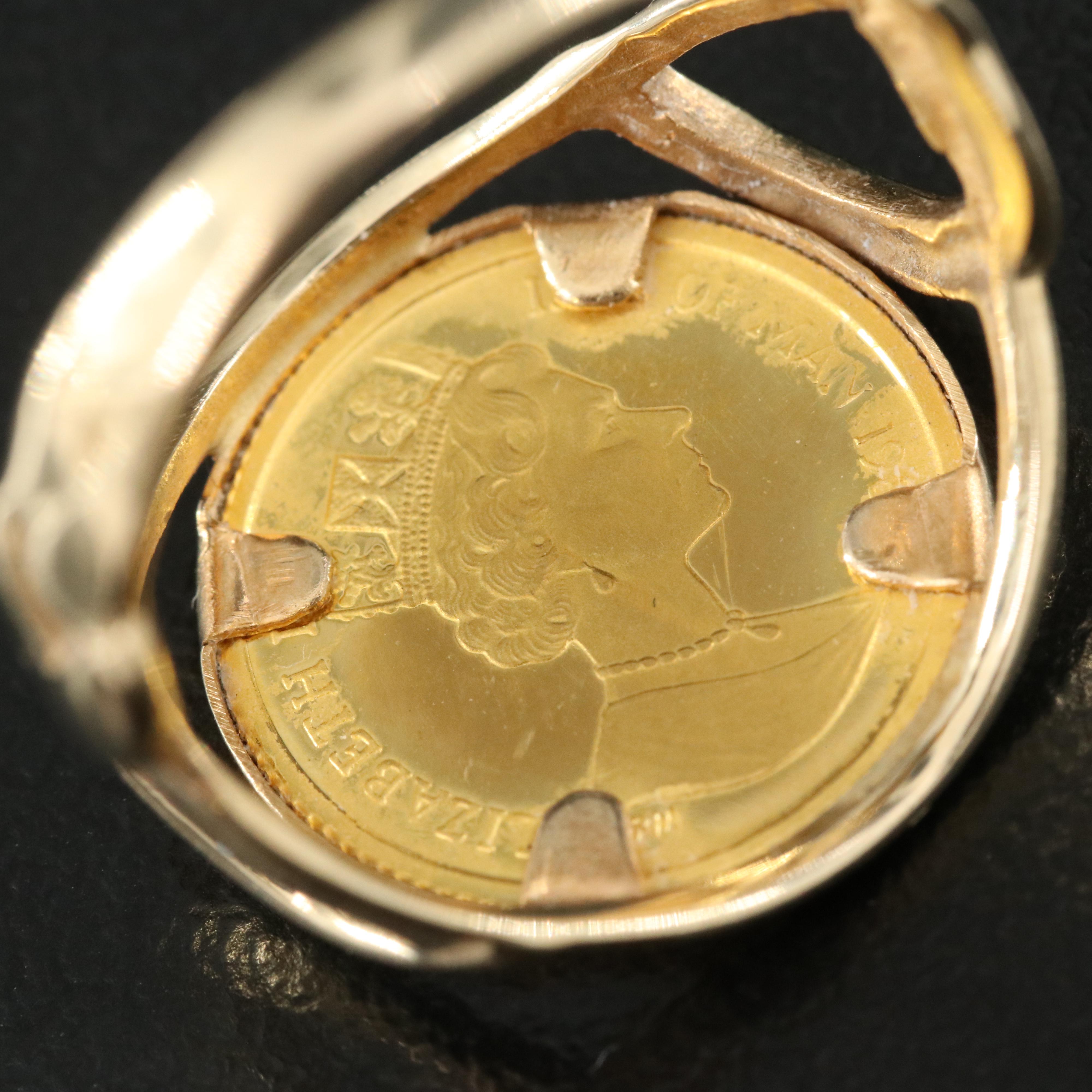 14K Ring with 1989 Isle of Man 1/25th Crown Persian Cat Coin