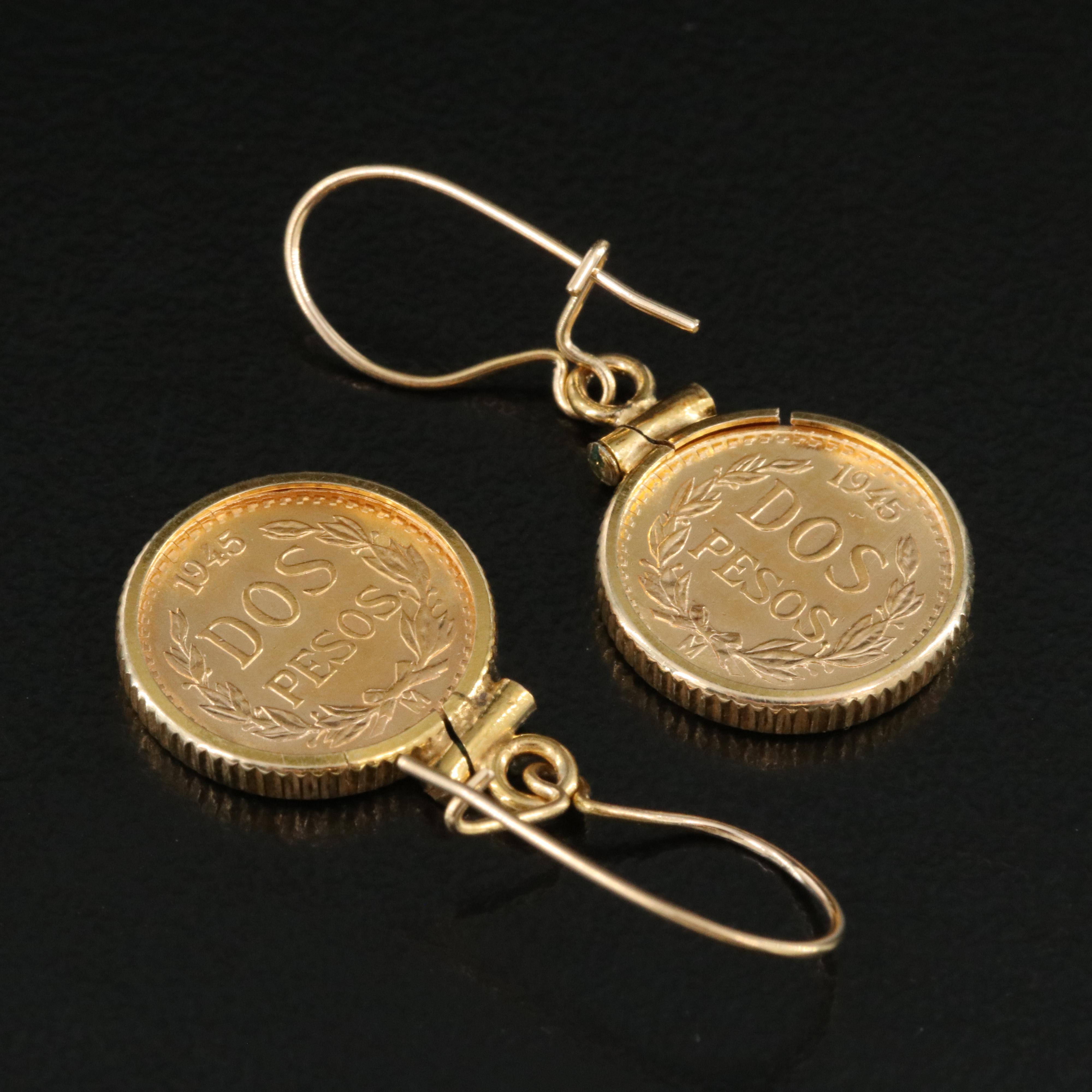 14K and 10K Earrings with 1945 Mexico 2-Pesos Gold Coins