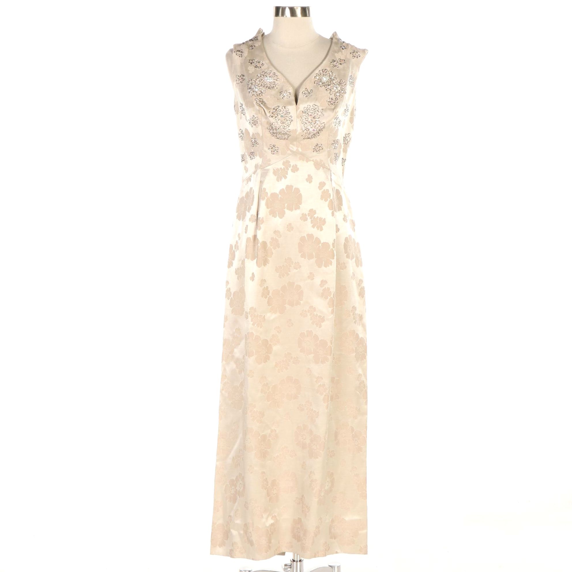 Floral Beaded Brocade Sleeveless Maxi Dress