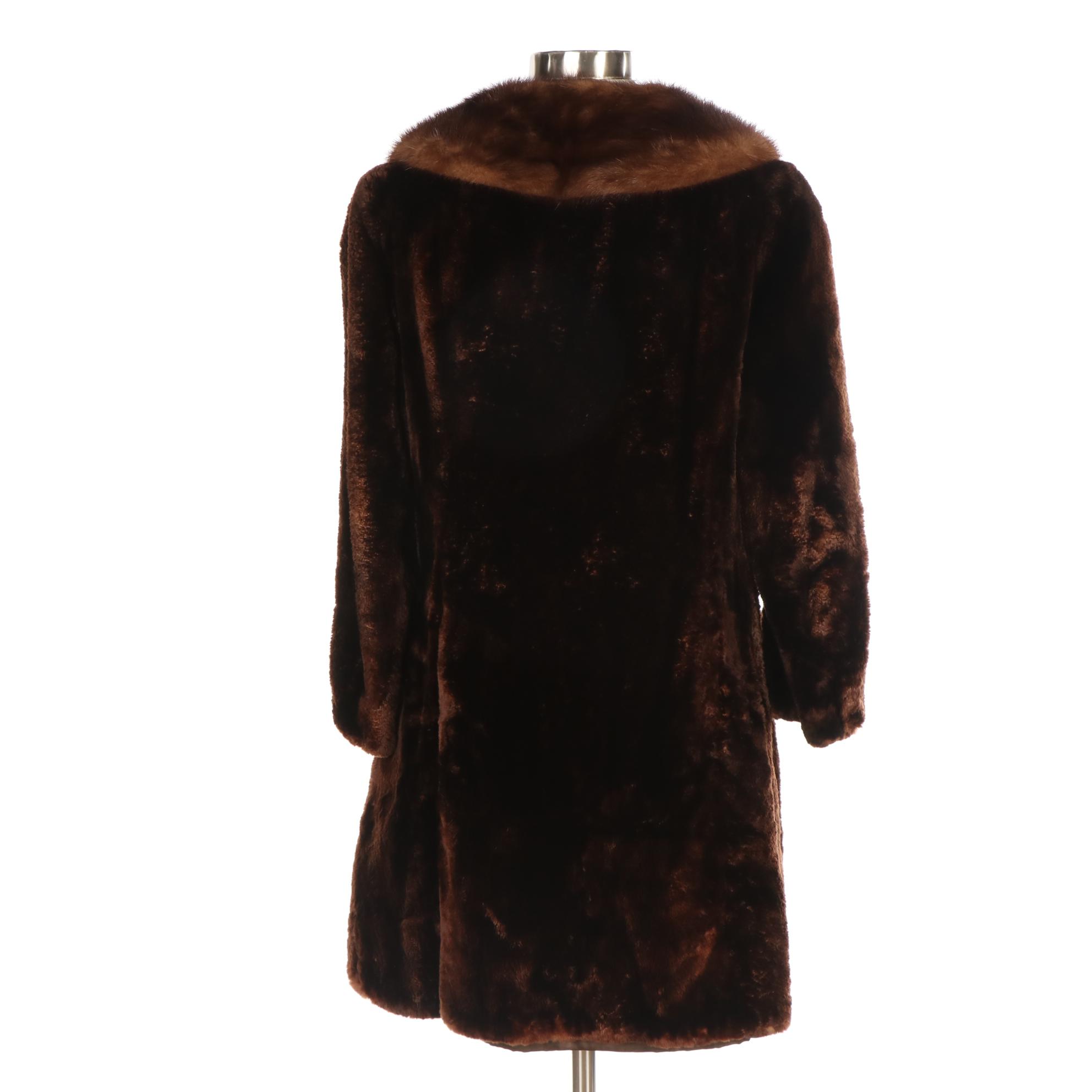 Brown Sheared Muskrat Fur Coat with Mink Fur Notch Collar by Stanley Rich