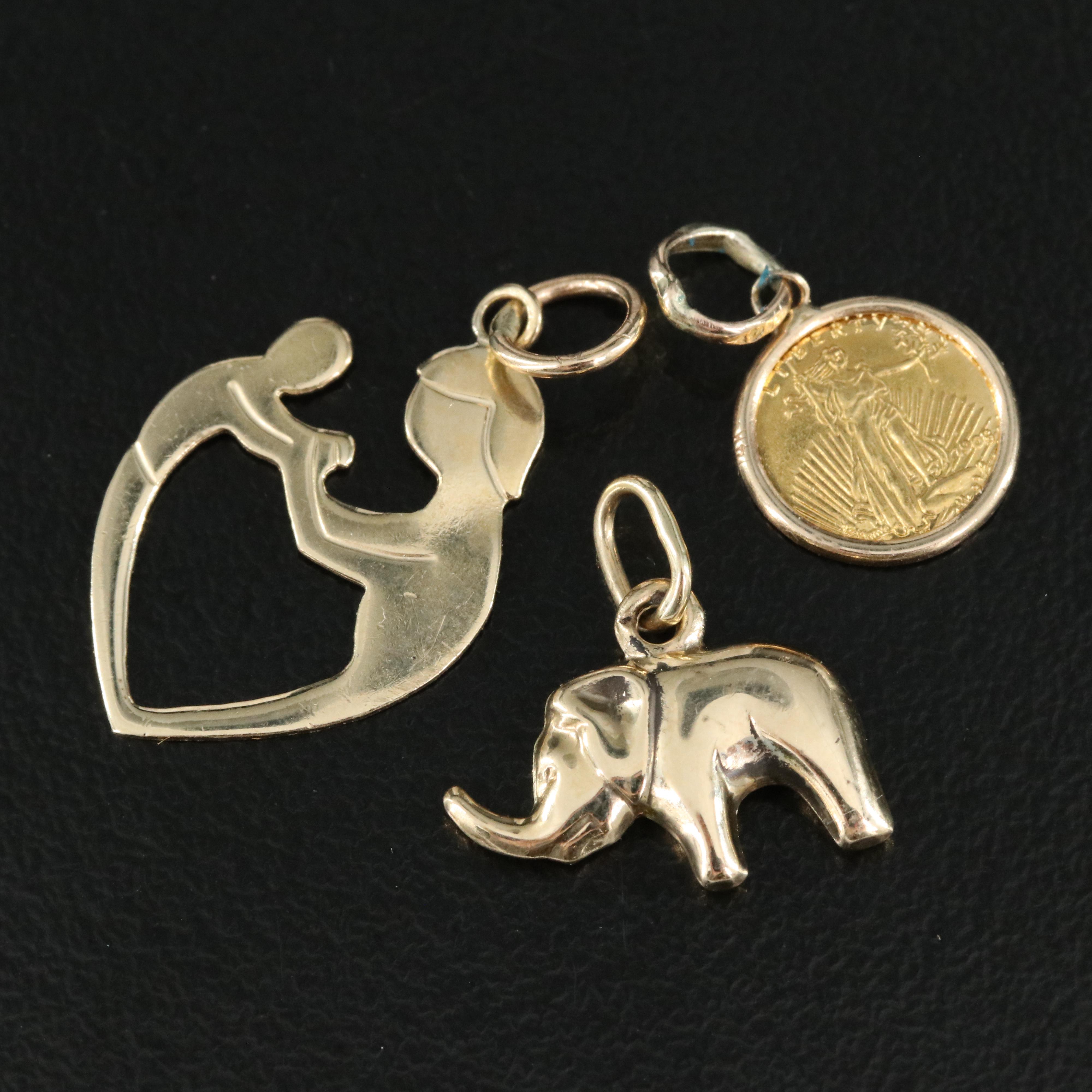 14K and 10K Pendants Including Miniature Saint-Gaudens Double Eagle Replica Coin