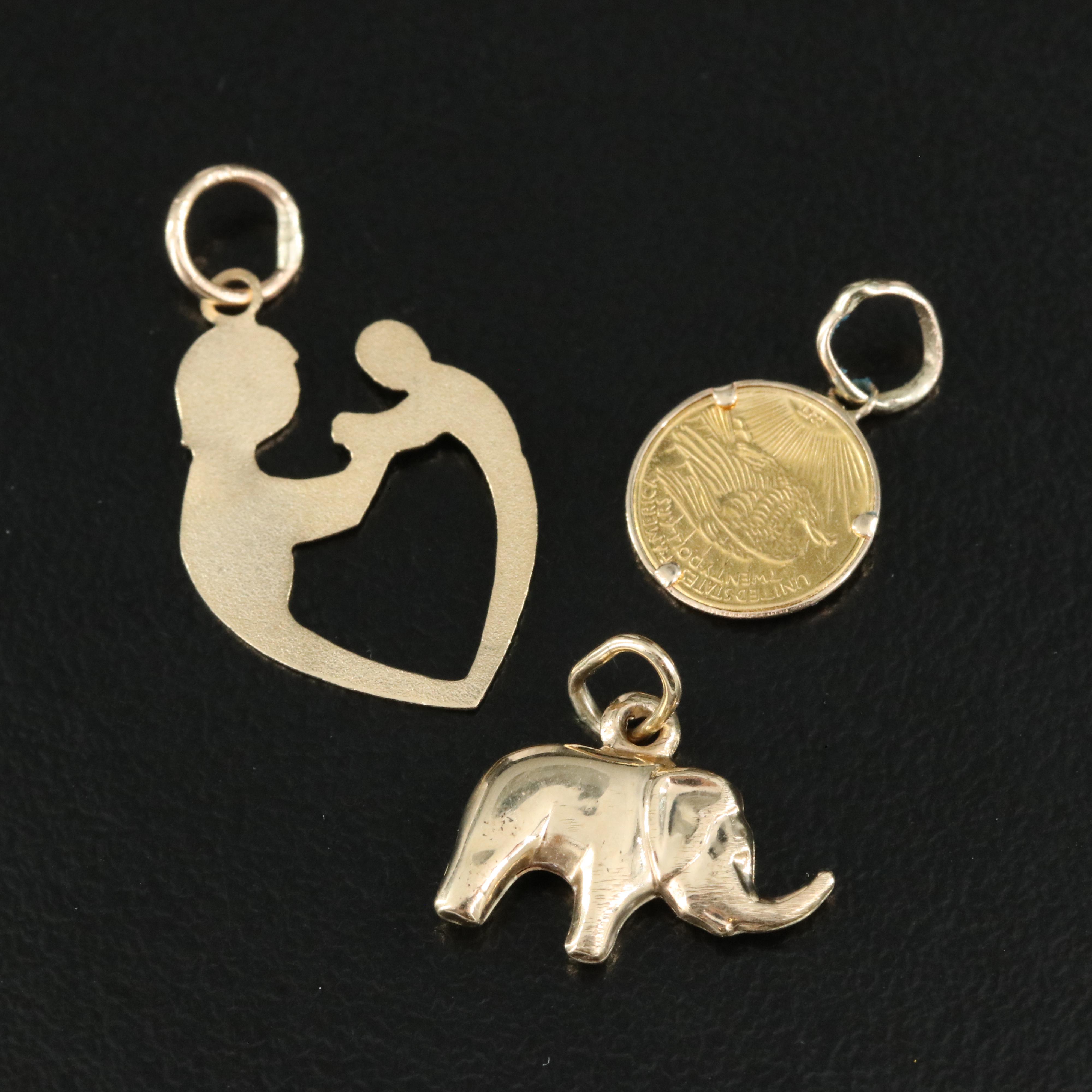 14K and 10K Pendants Including Miniature Saint-Gaudens Double Eagle Replica Coin