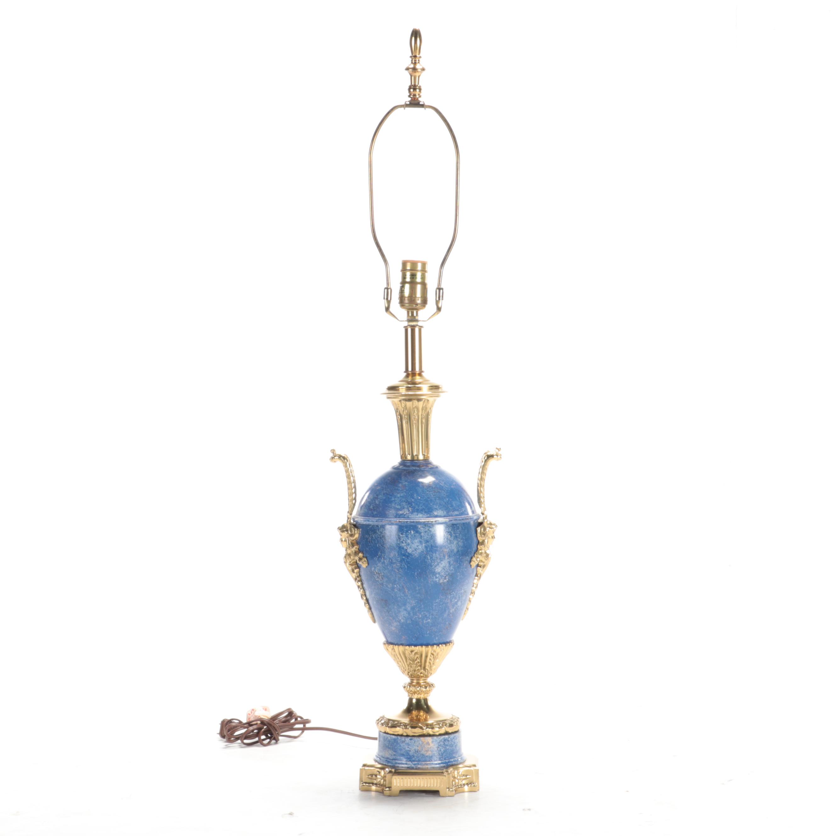 Neoclassical Style Blue Faux Stone Finish Metal-Mounted Table Lamps