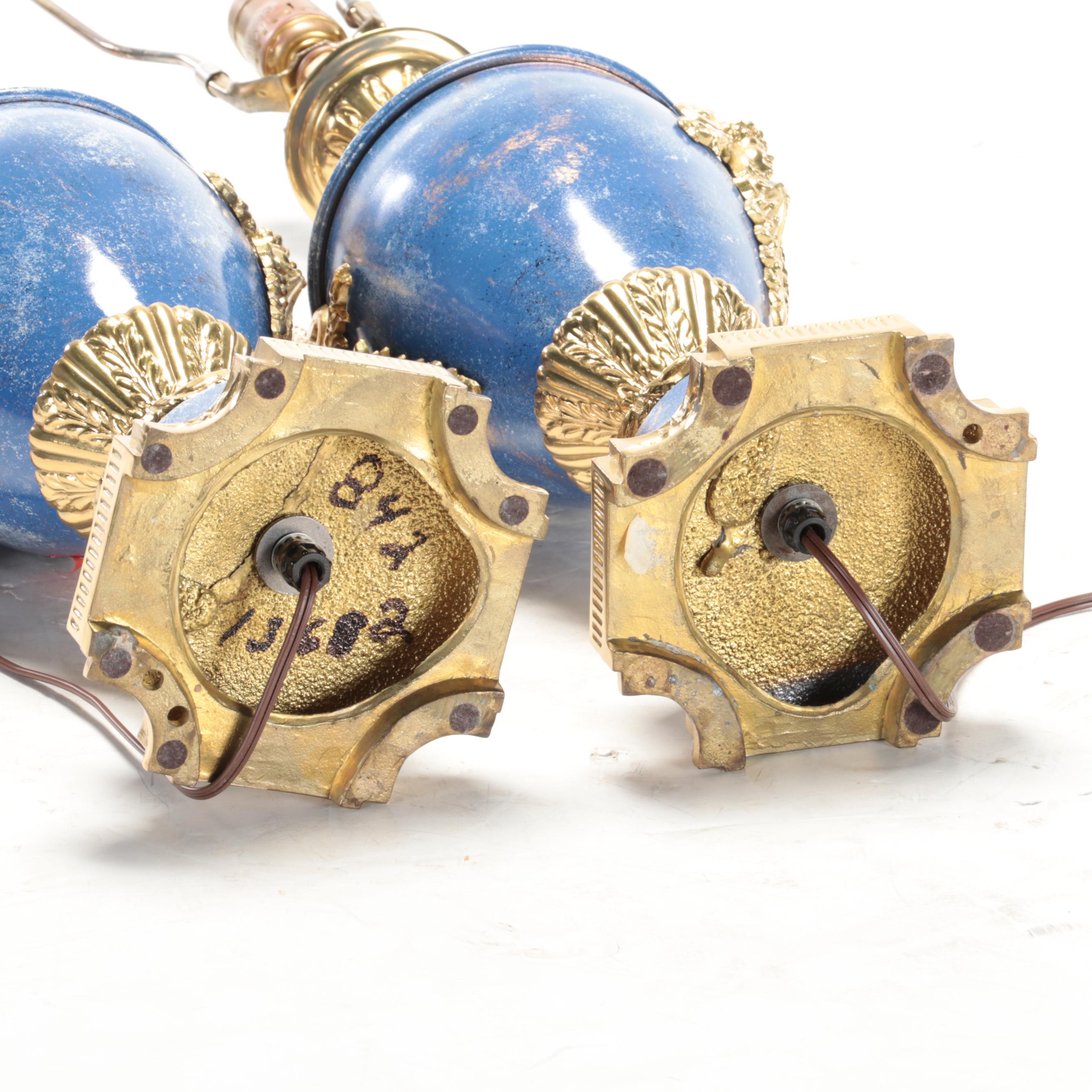 Neoclassical Style Blue Faux Stone Finish Metal-Mounted Table Lamps