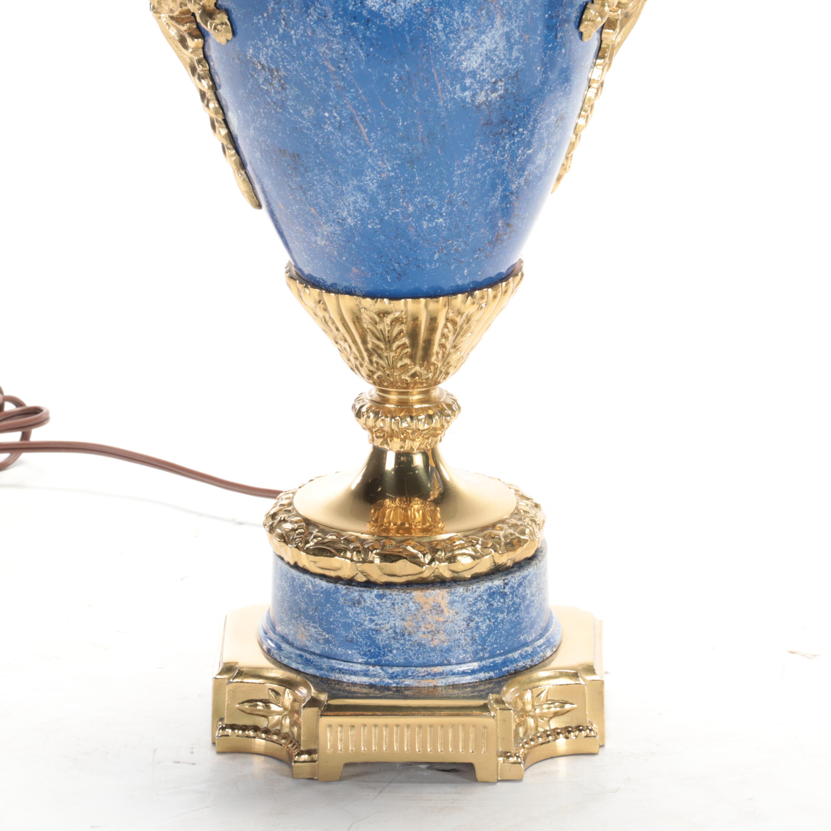 Neoclassical Style Blue Faux Stone Finish Metal-Mounted Table Lamps