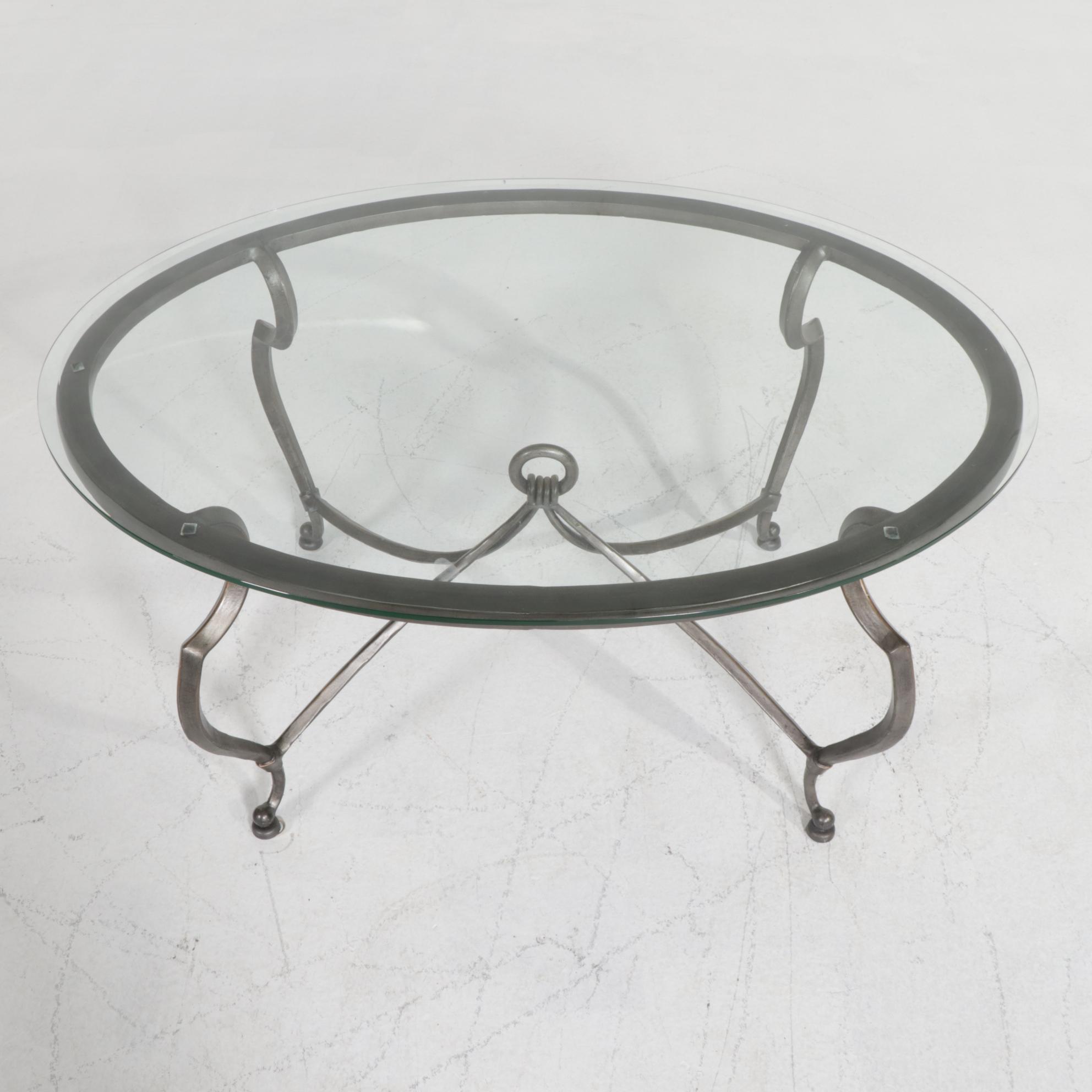 Pewter-Finished Wrought Metal and Beveled Glass Top Oval Coffee Table