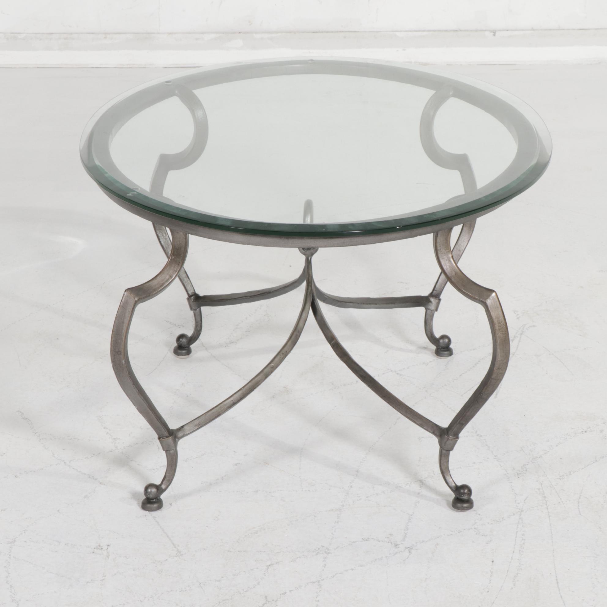 Pewter-Finished Wrought Metal and Beveled Glass Top Oval Coffee Table