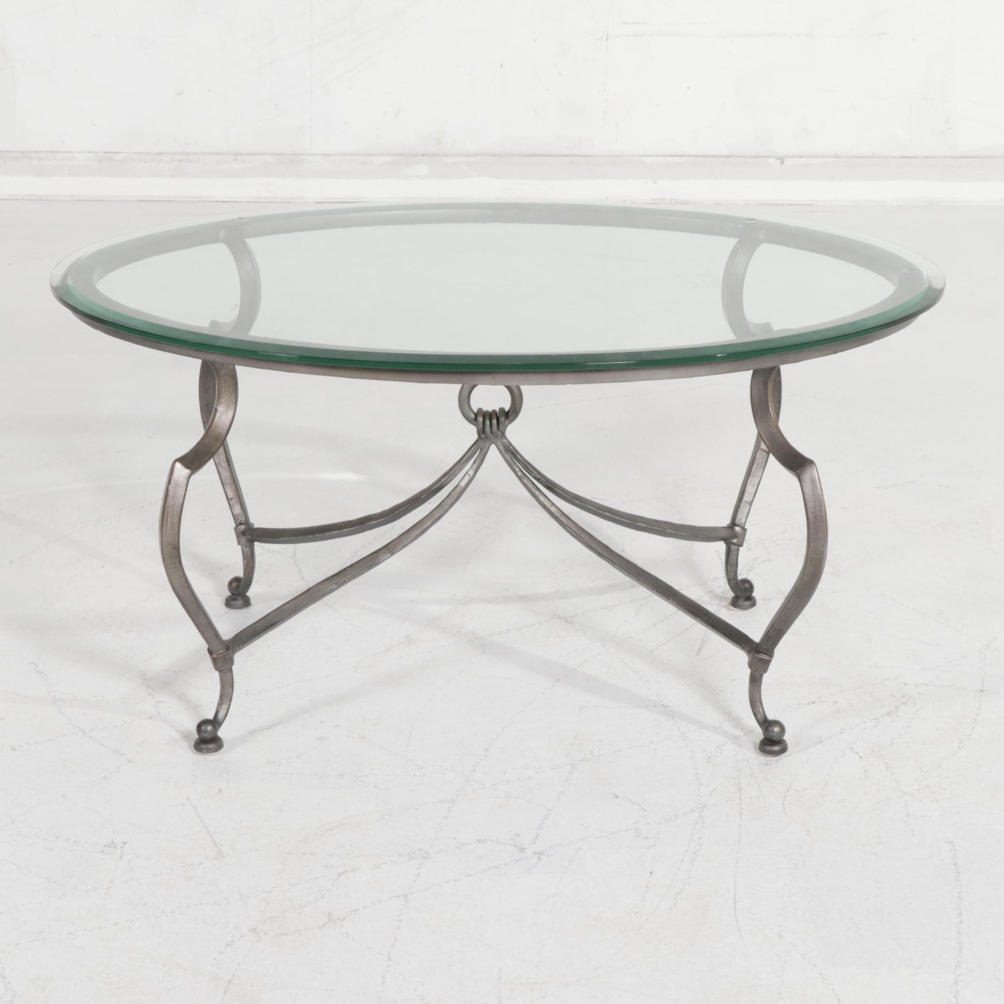 Pewter-Finished Wrought Metal and Beveled Glass Top Oval Coffee Table