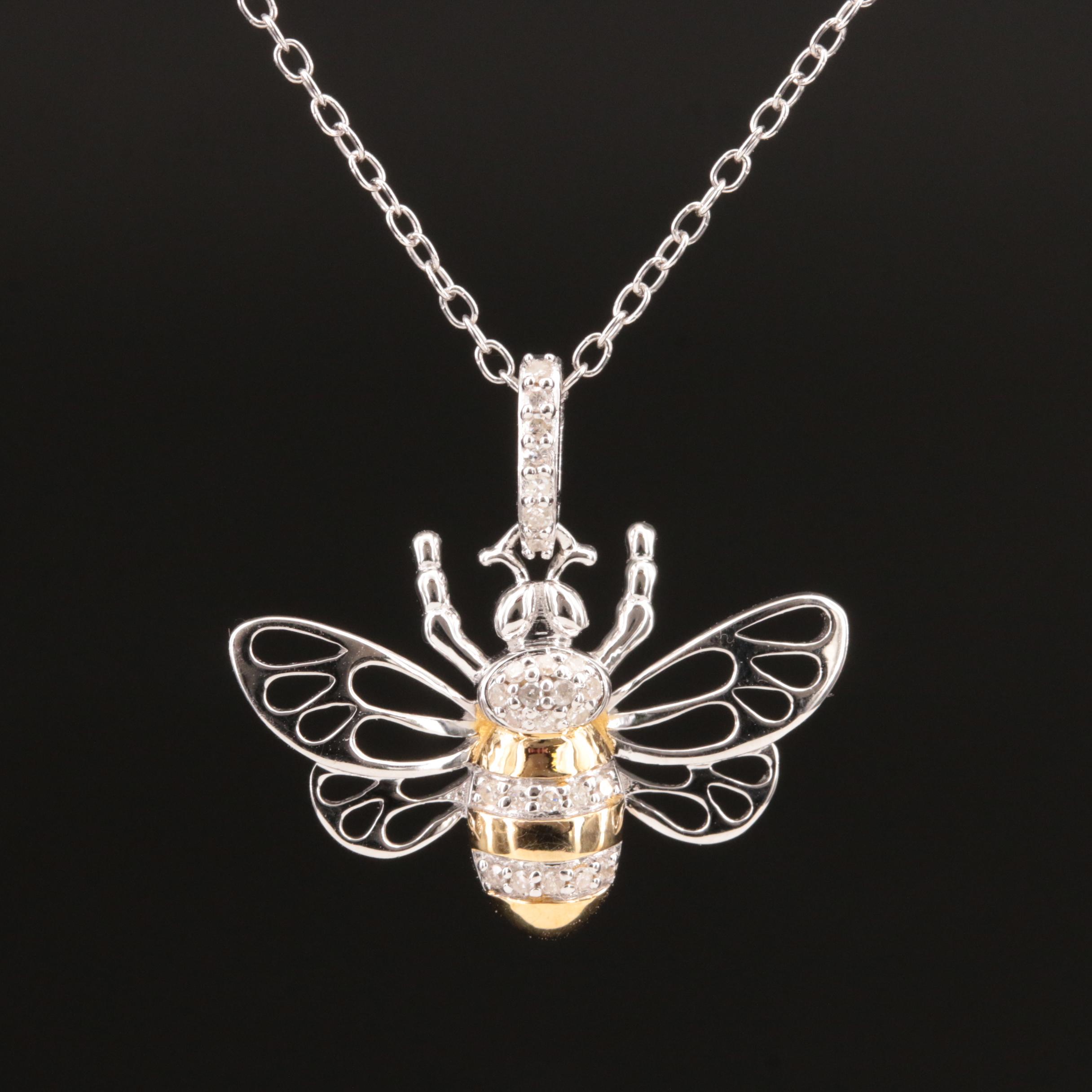 Sterling Diamond Bee Pendant Necklace