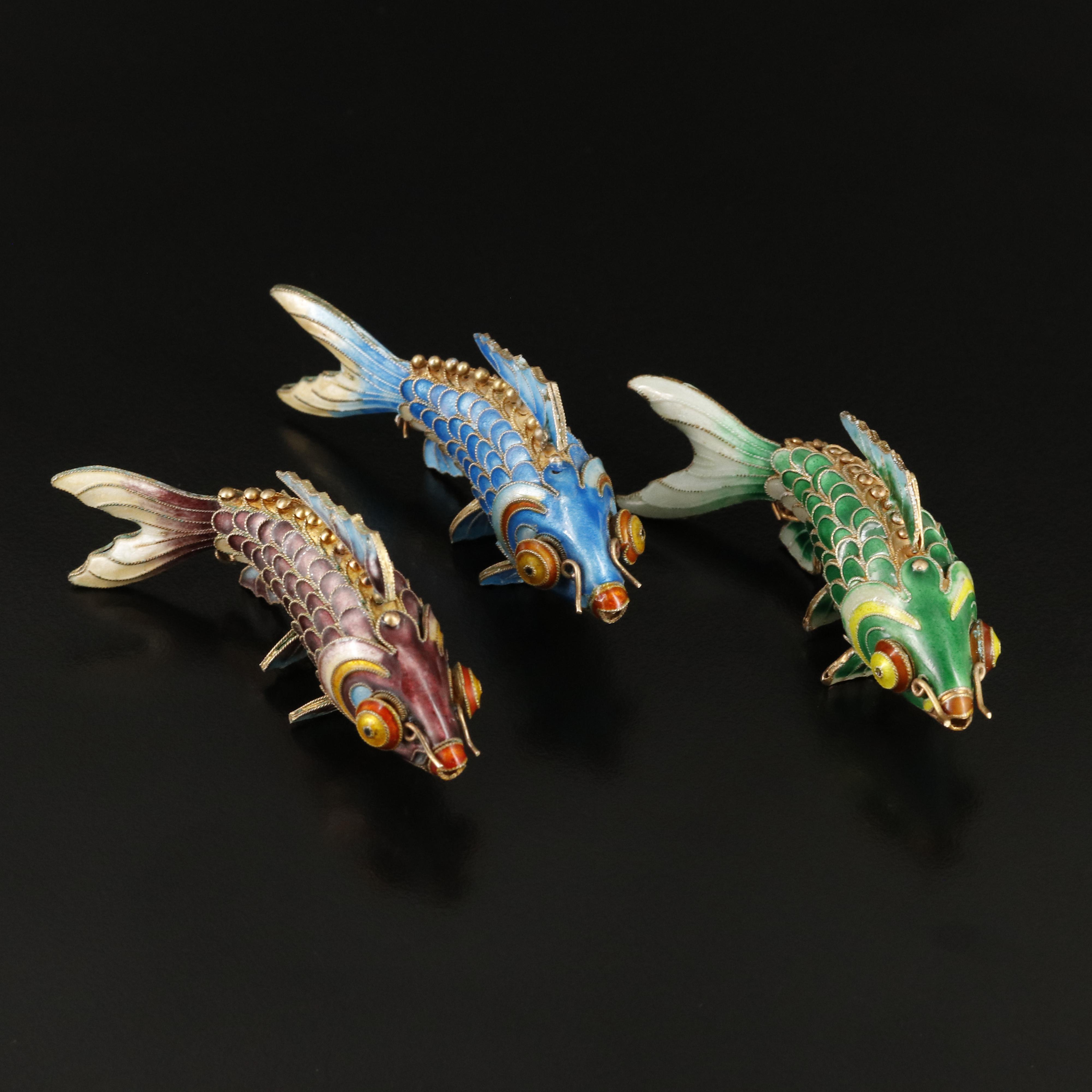 800 Silver Articulated Enamel Fish Pendants