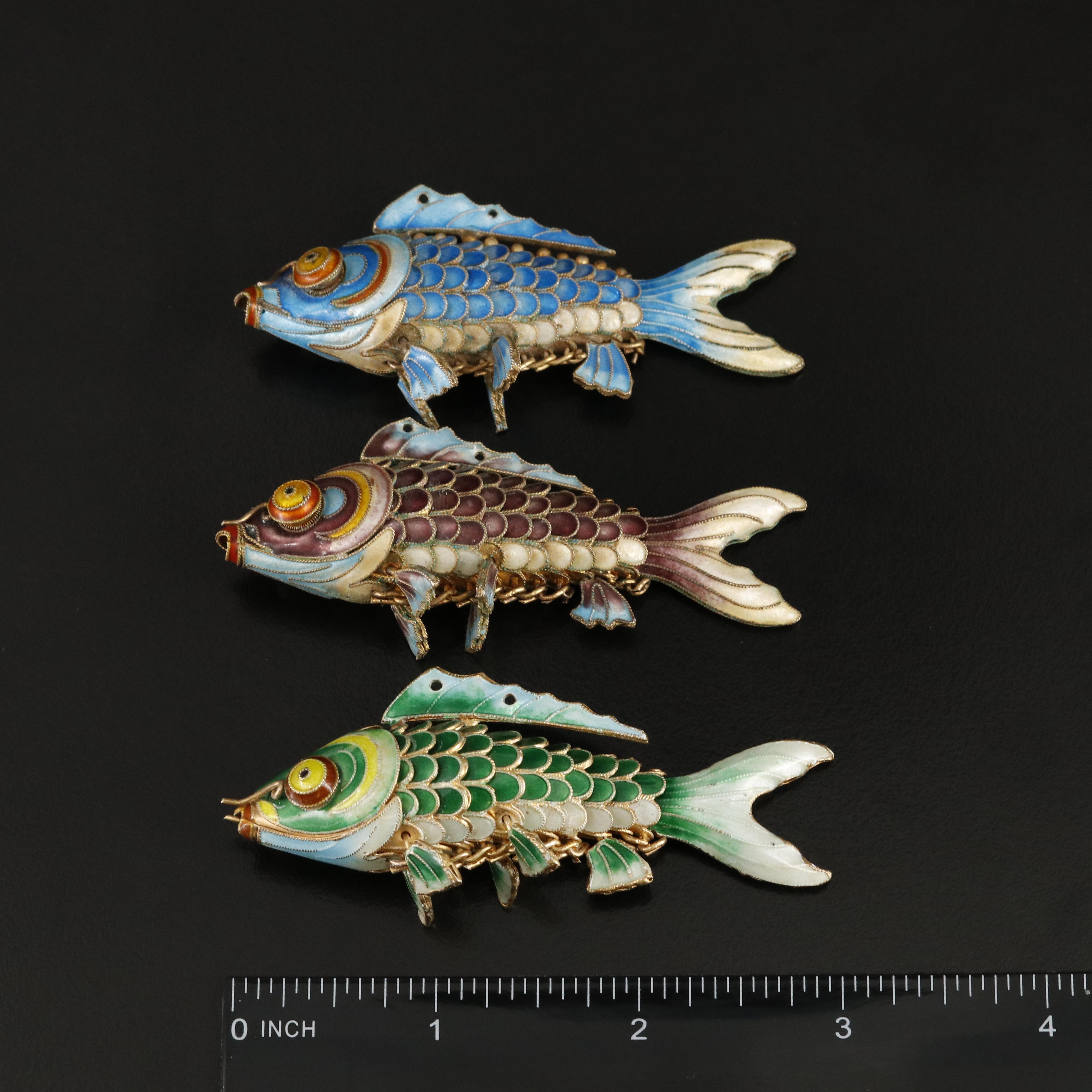 800 Silver Articulated Enamel Fish Pendants