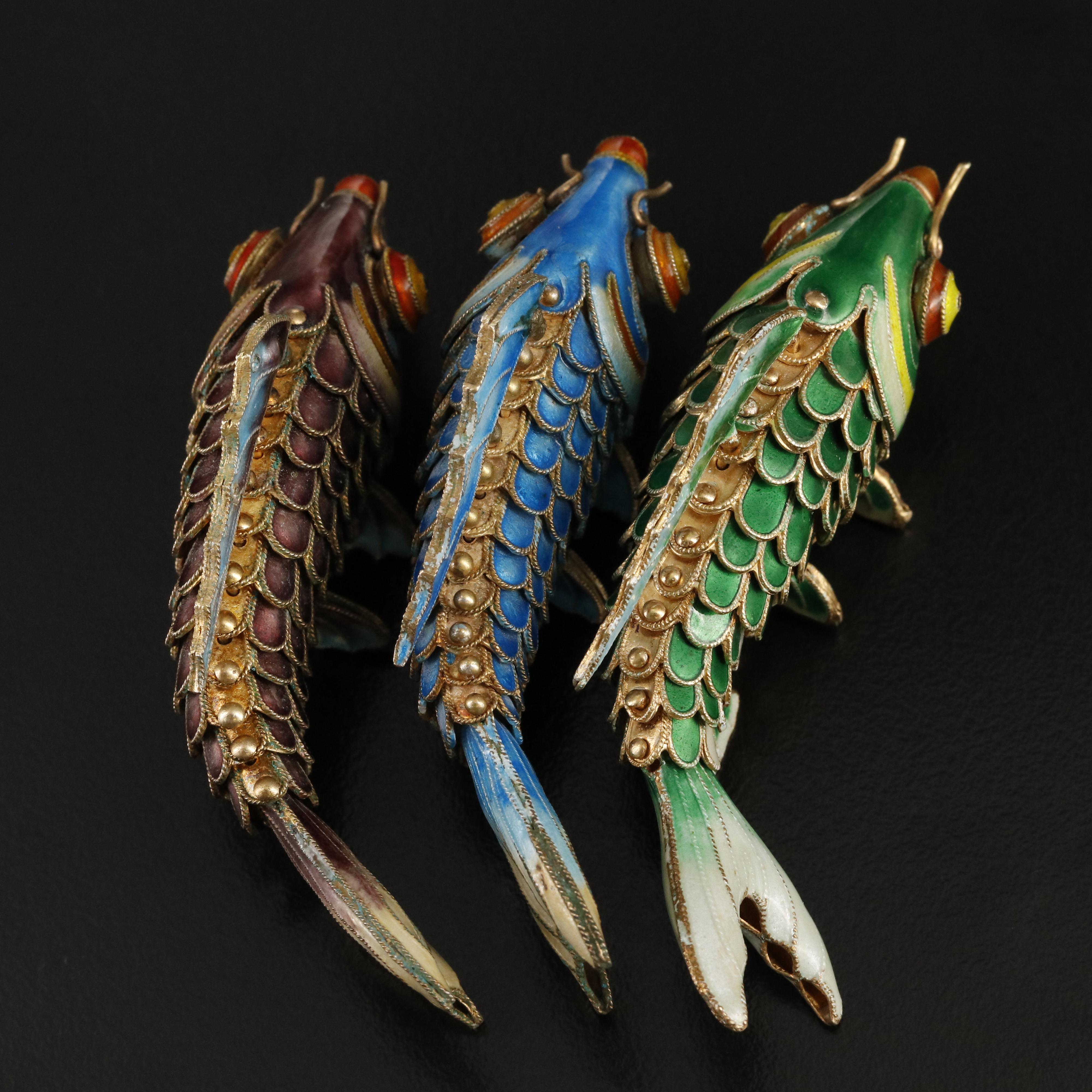 800 Silver Articulated Enamel Fish Pendants