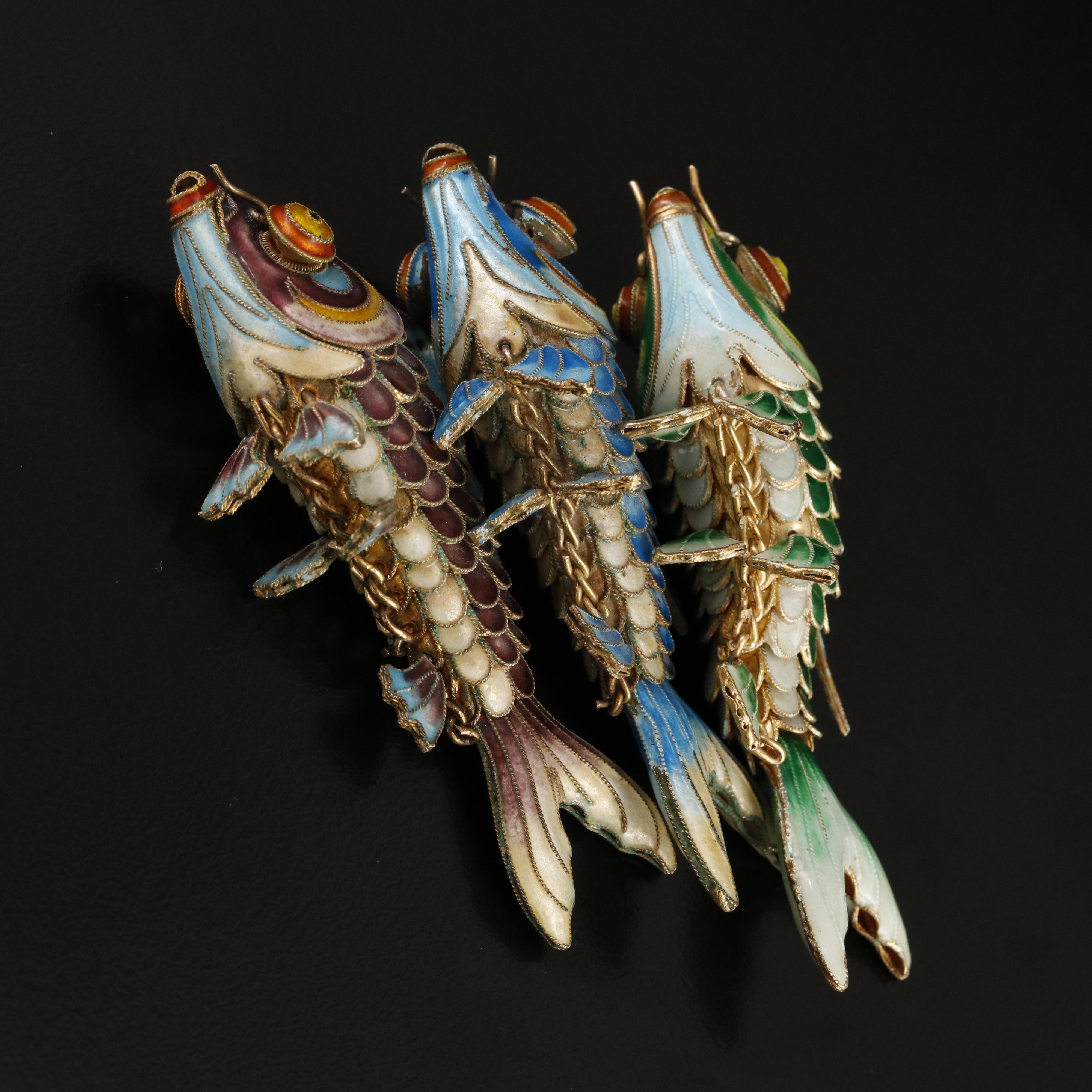800 Silver Articulated Enamel Fish Pendants