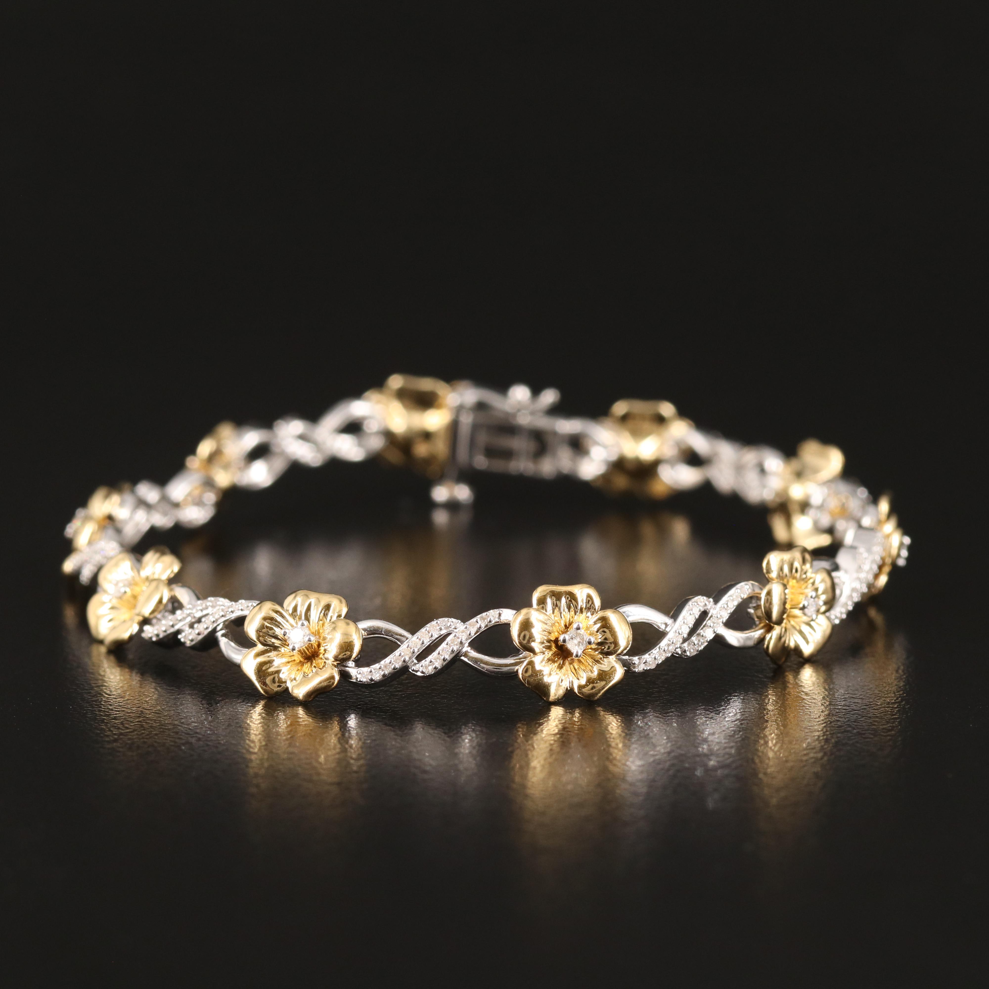 Sterling Diamond Flower Link Bracelet