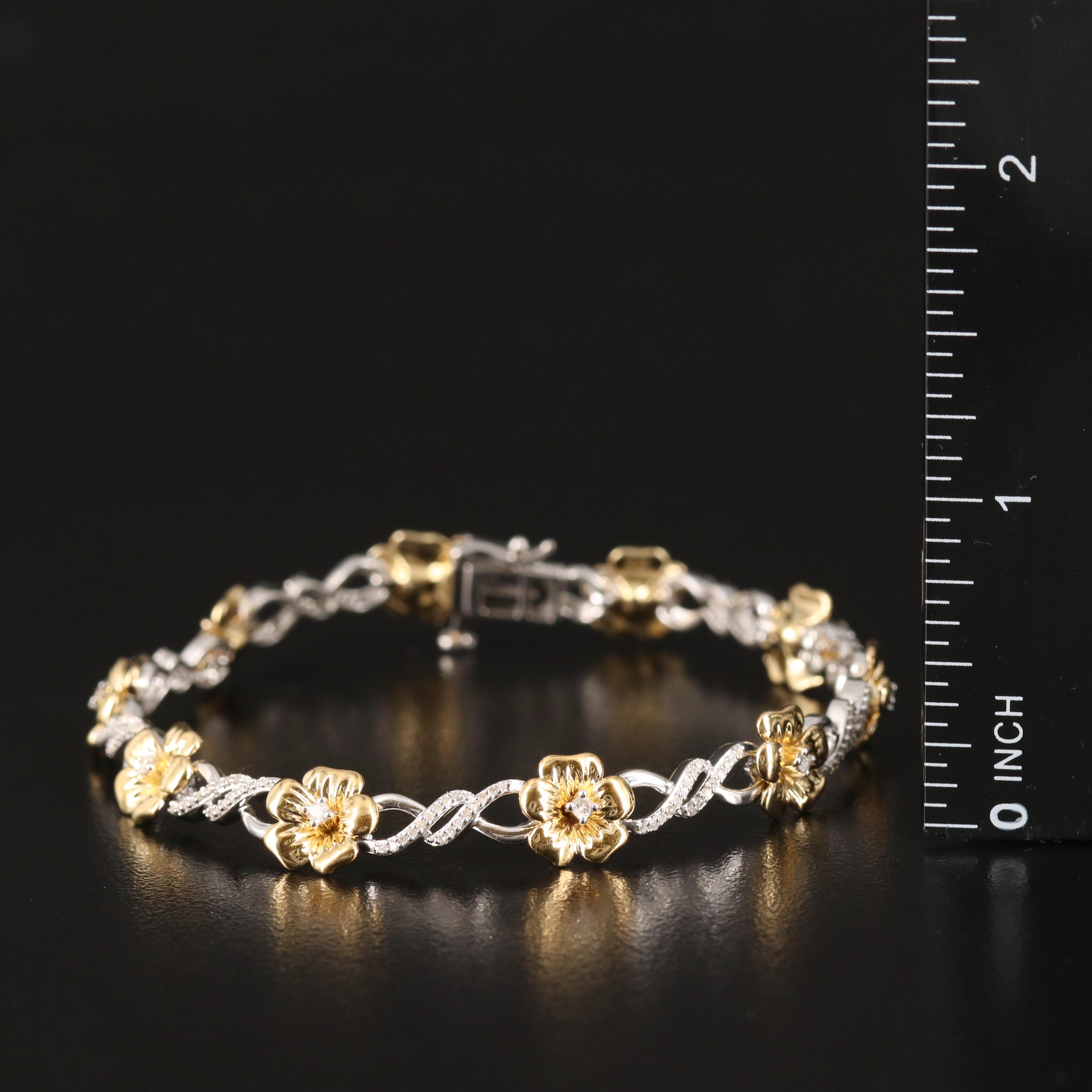 Sterling Diamond Flower Link Bracelet