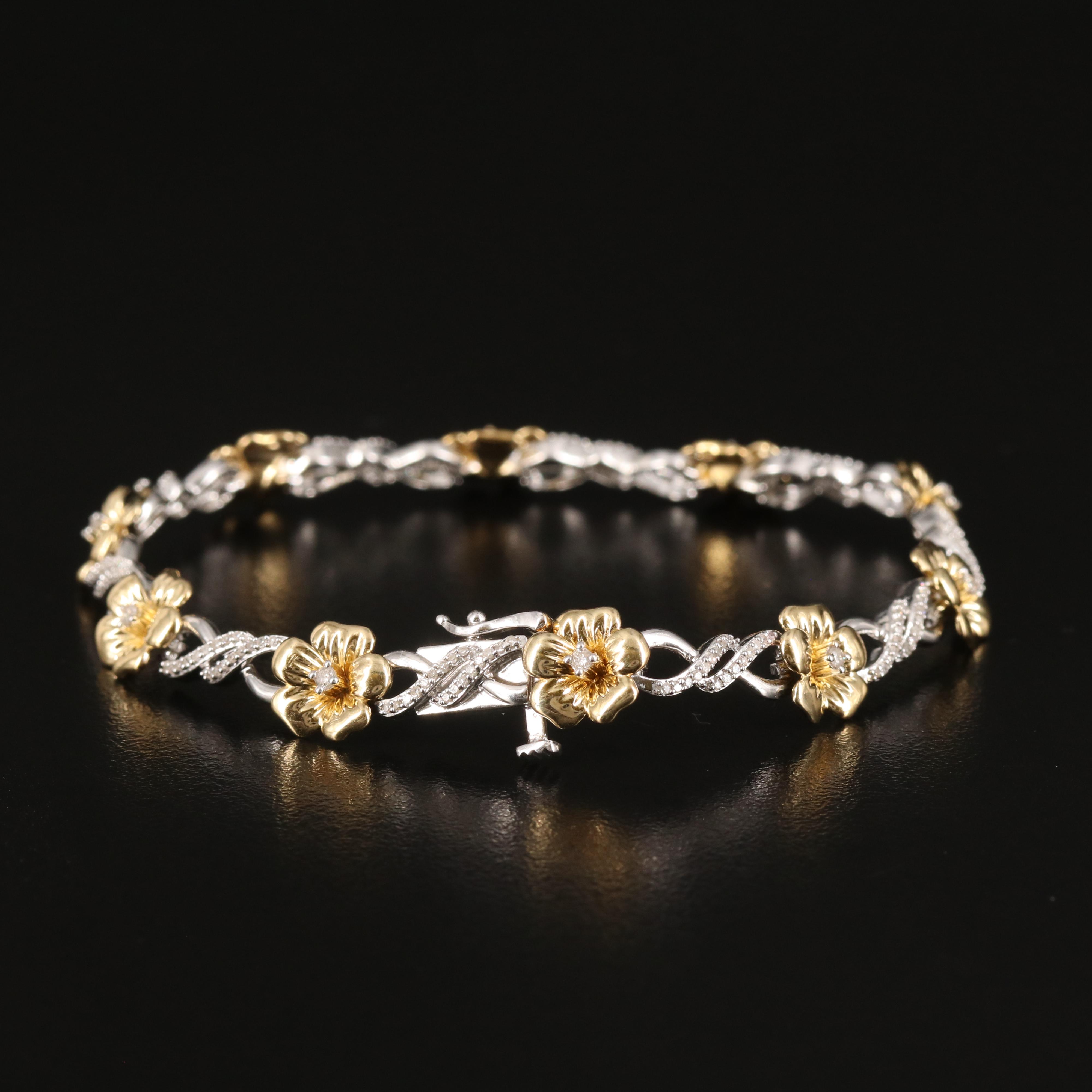Sterling Diamond Flower Link Bracelet