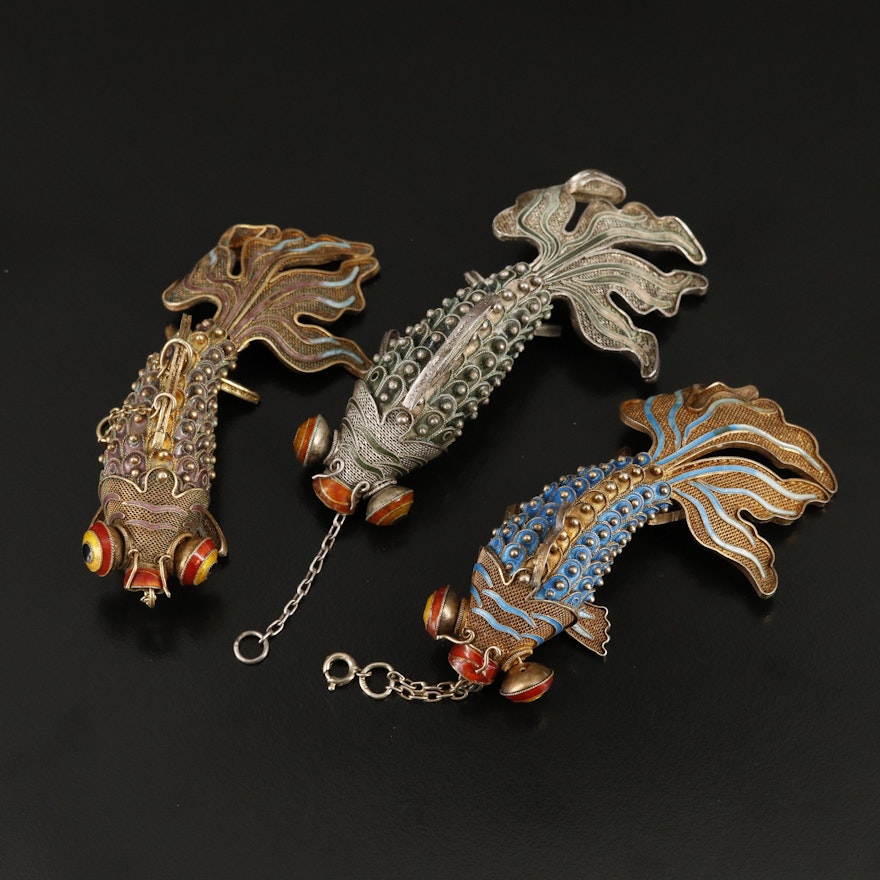 Sterling Enamel Articulated Fish Pendants