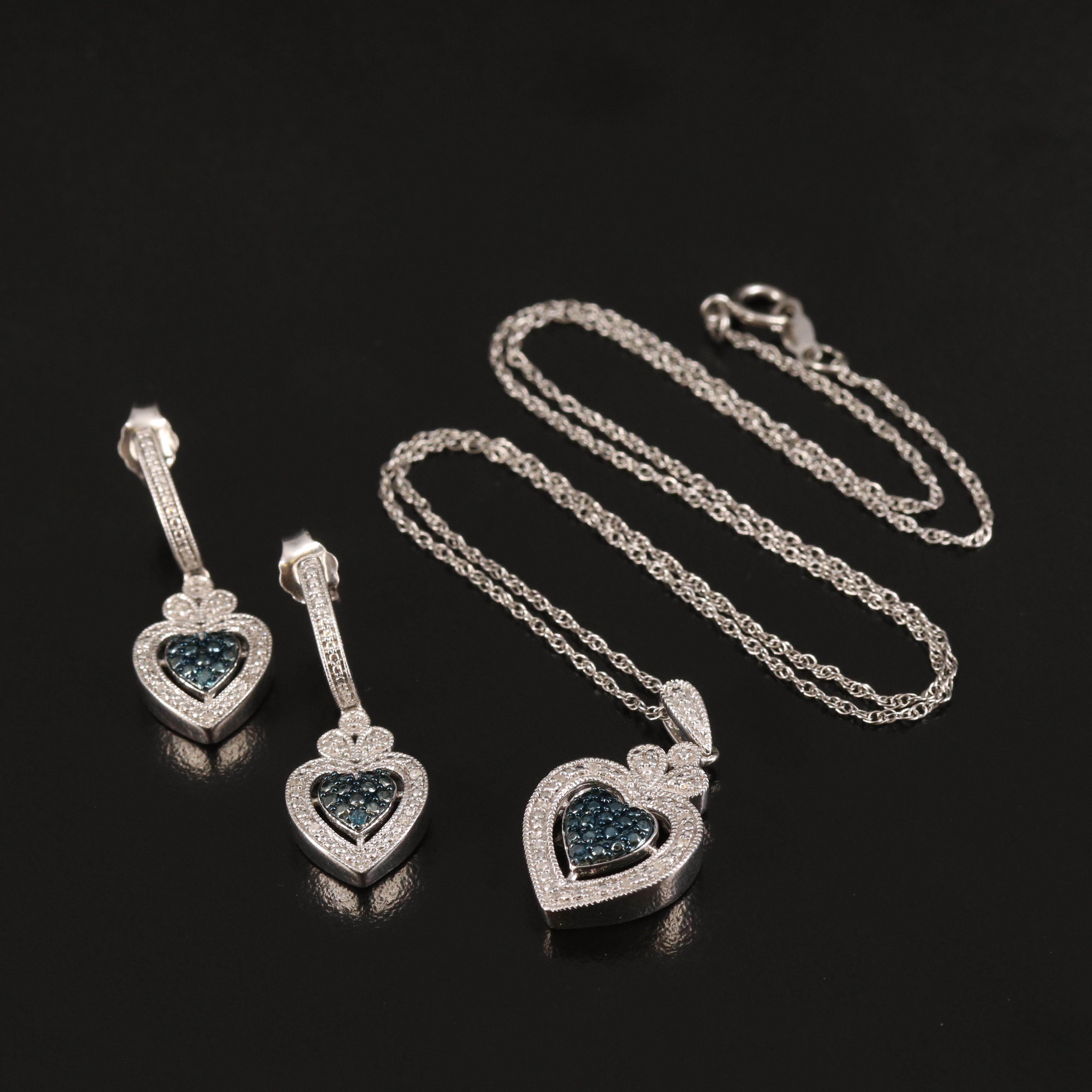 Sterling Diamond Heart Necklace and Earring Set