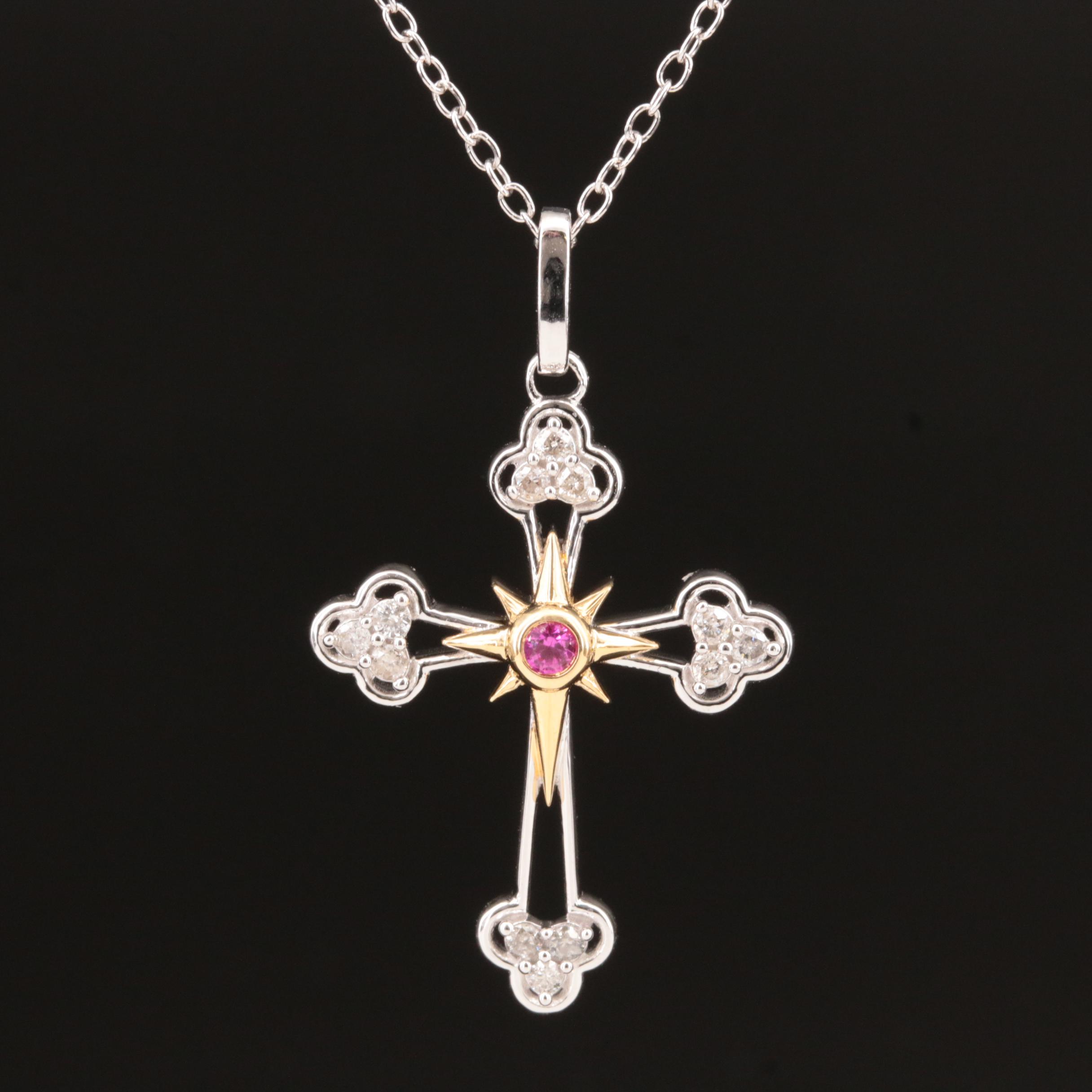 Hallmark Sterling Ruby and Diamond Cross Pendant Necklace