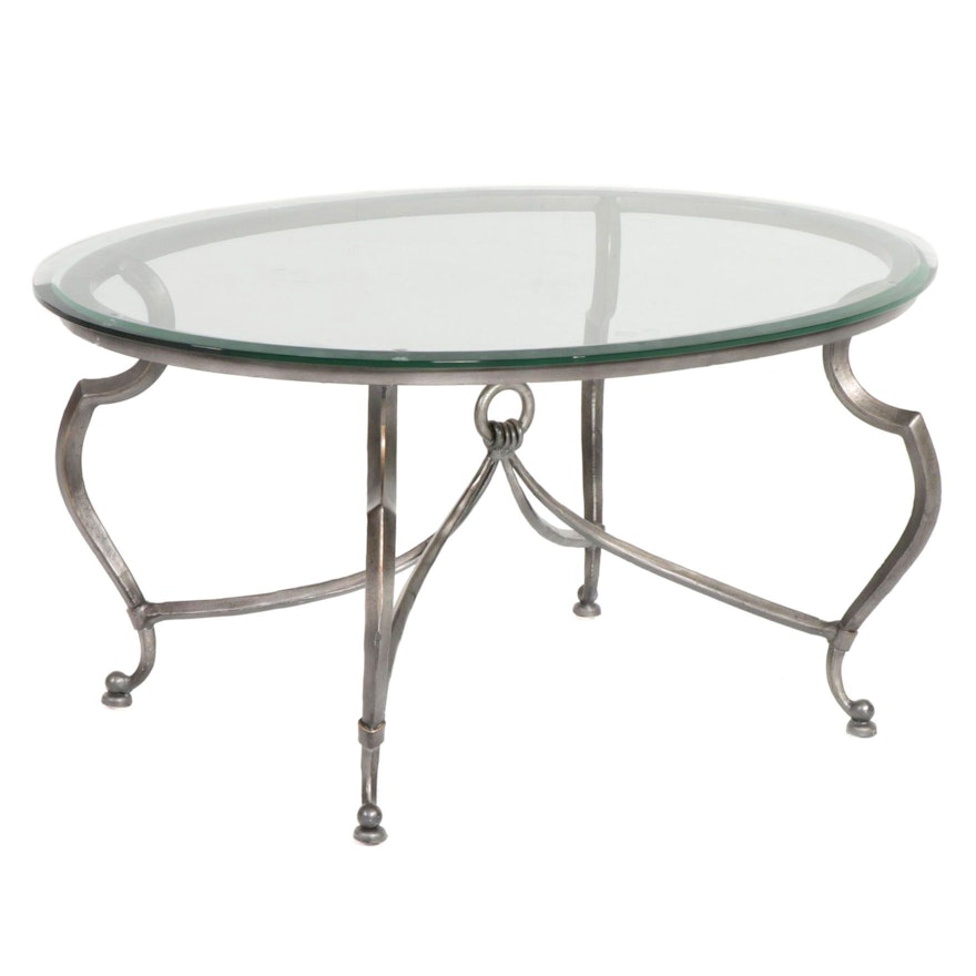 Pewter-Finished Wrought Metal and Beveled Glass Top Oval Coffee Table