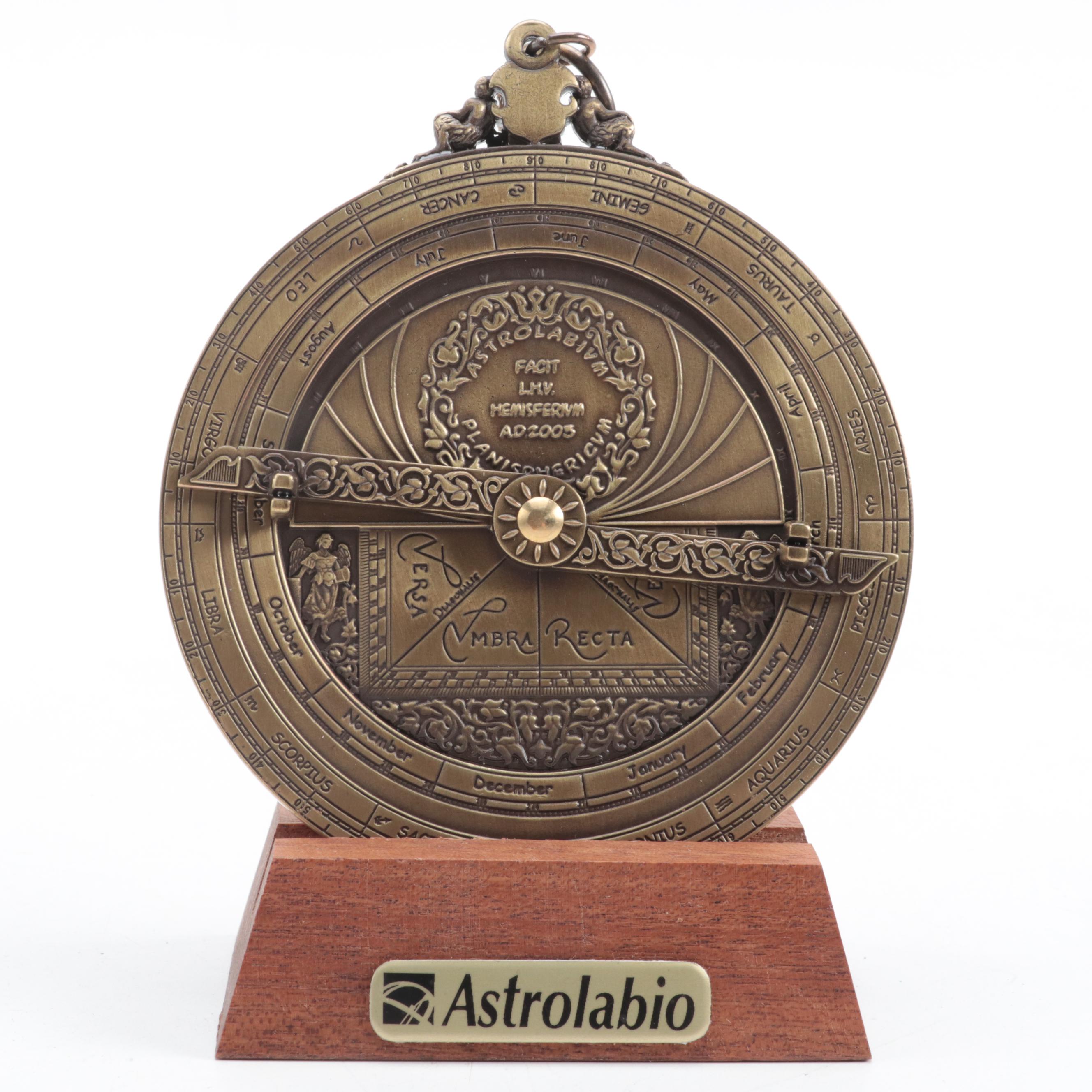 Hemisferium Brass Astrolabe with Wooden Stand and Accompanying Booklet