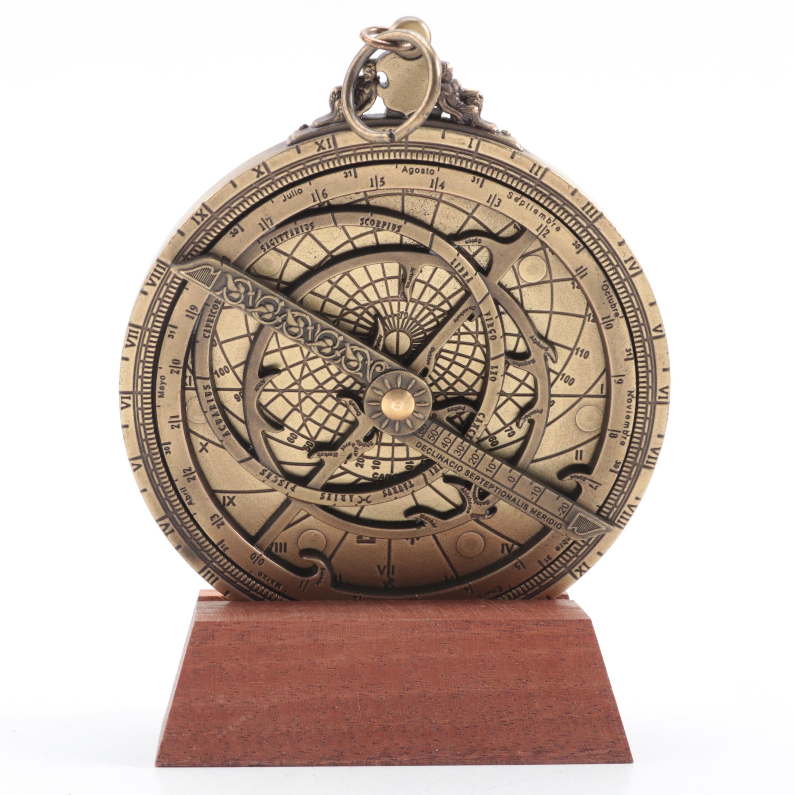 Hemisferium Brass Astrolabe with Wooden Stand and Accompanying Booklet