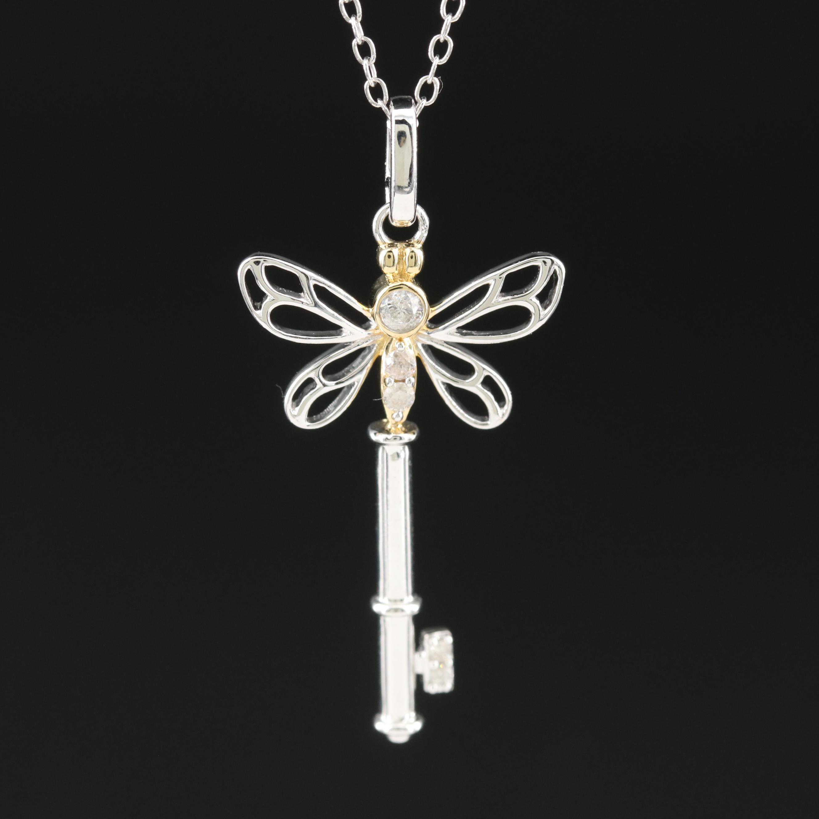 Sterling Diamond Butterfly Key Pendant Necklace
