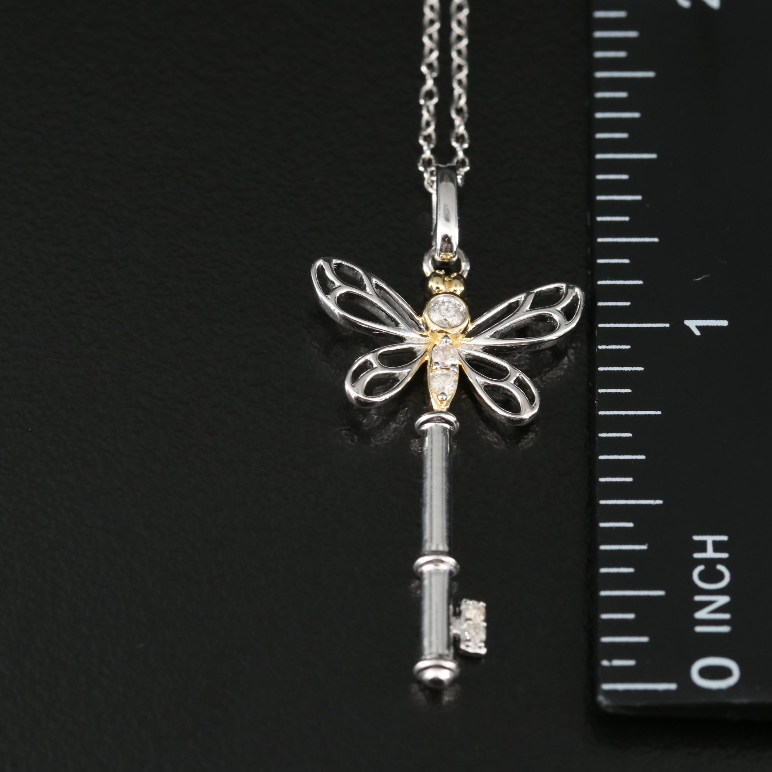 Sterling Diamond Butterfly Key Pendant Necklace